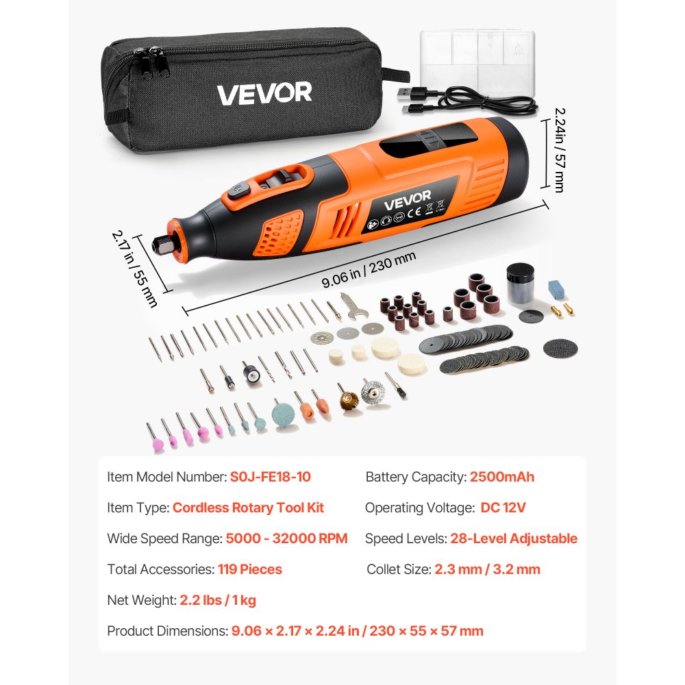 VEVOR 119-Piece Cordless Rotary Tool Kit, DC12V Portable Mini Power Rotary Tool, 28-Level Speed 5000-32000 RPM Multi-Purpose DIY Tools for Engraving, Sanding, Polishing, Carving, Cutting, DIY Crafts