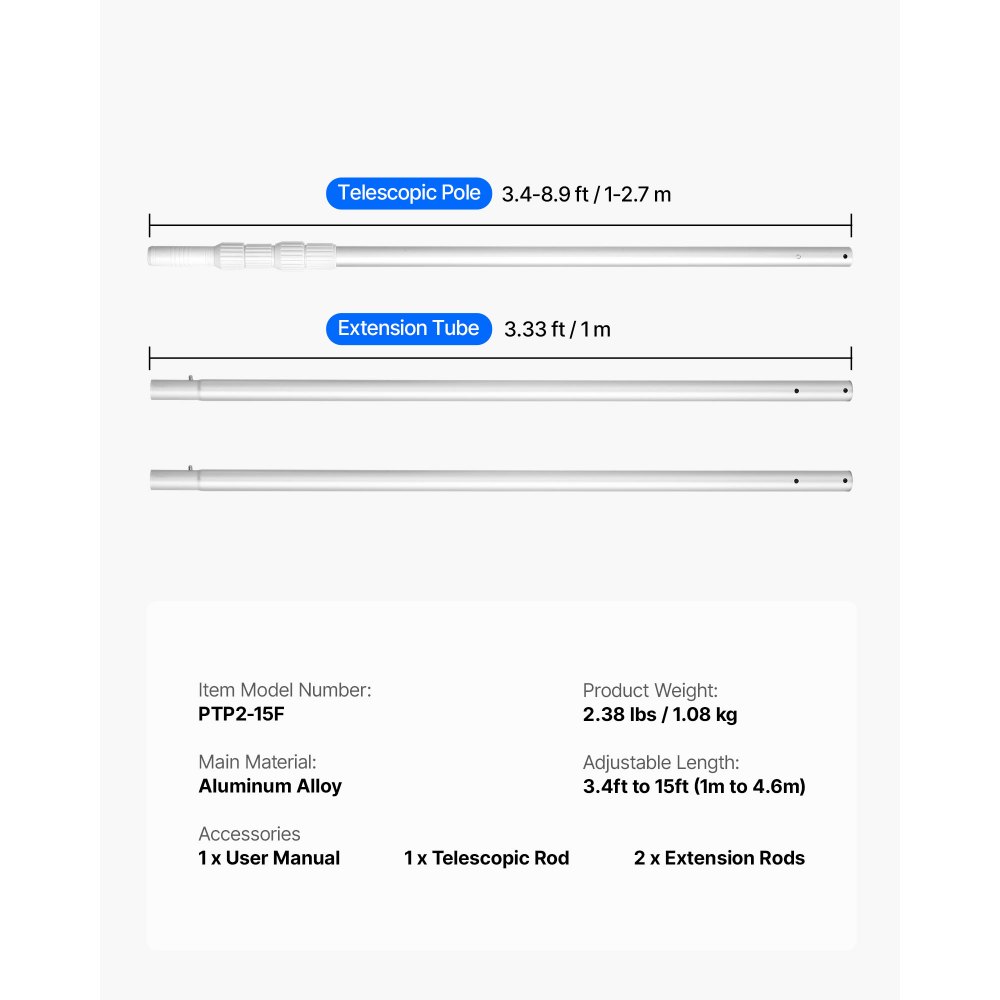 Bazénová tyč VEVOR, teleskopické tyče na čištění bazénů 1 až 4,6 m, profesionální nastavitelná teleskopická tyč se 2 prodlužovacími tyčemi, odolná čisticí tyč pro skimmer, kartáč, vysavací hlavice