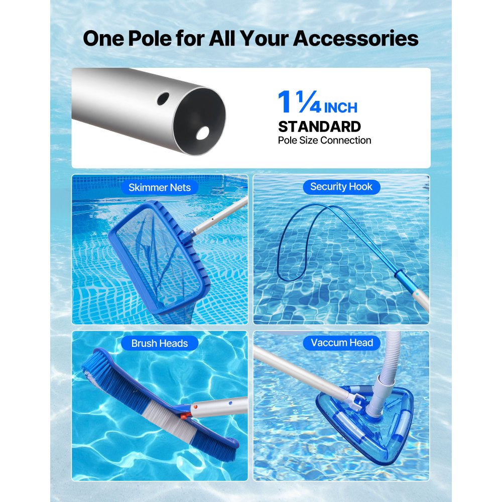 VEVOR Pool Pole, 1 to 4.6 m Telescoping Swimming Pool Cleaning Poles, Professional Adjustable Telescopic Pole with 2 Extension Poles, Heavy Duty Cleaner Stick for Skimmer Net, Brush, Vacuum Head