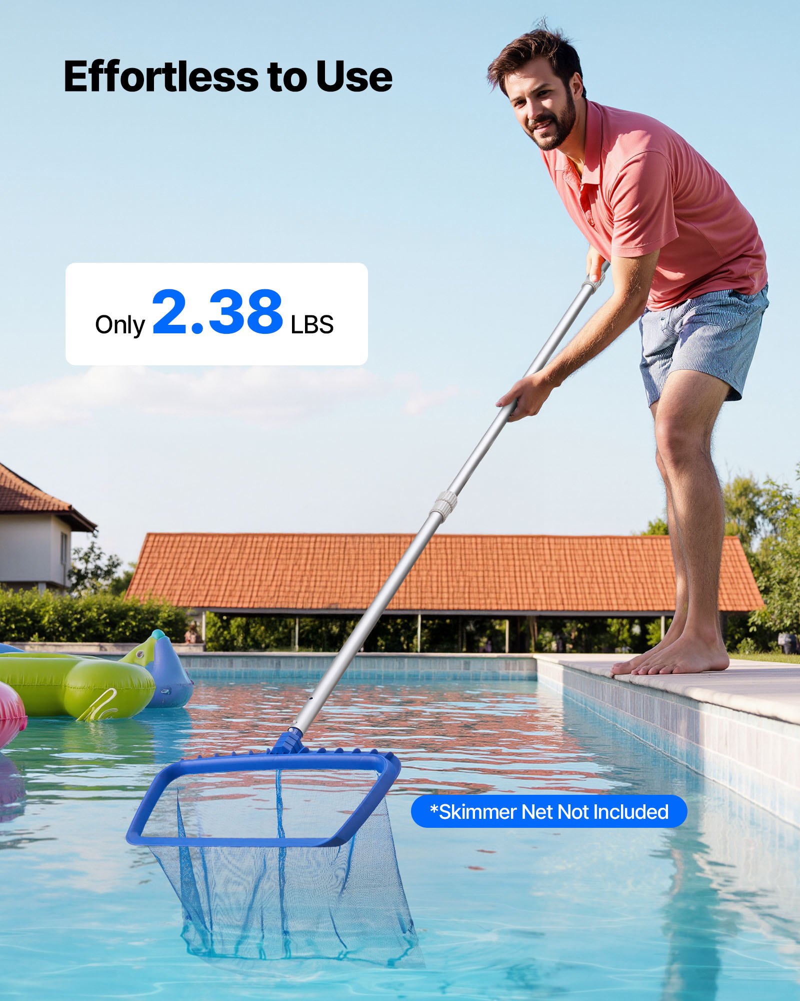 VEVOR Pool Pole, 1 to 4.6 m Telescoping Swimming Pool Cleaning Poles, Professional Adjustable Telescopic Pole with 2 Extension Poles, Heavy Duty Cleaner Stick for Skimmer Net, Brush, Vacuum Head