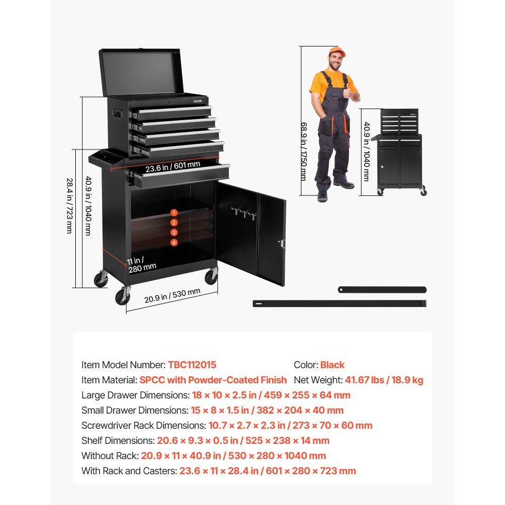VEVOR Rolling Tool Chest, 2-in-1 Design, 5 Drawers Tool Cabinet Organizer with Detachable Top Metal Toolbox, Lock Bar, Protective Liner, and Tools Rack, Garage Storage Cabinet for Warehouse, Workshop