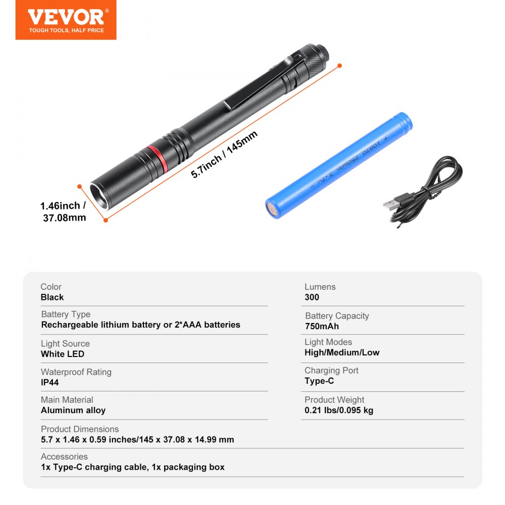 VEVOR 5.9 Inch Rechargeable Penlight, 300 lumens 3 Lighting Modes Pocket Pen Light, Adjustable Focus, IP44 Waterproof, Aluminum Alloy for Camping, Reading, Repairing, Night Walking