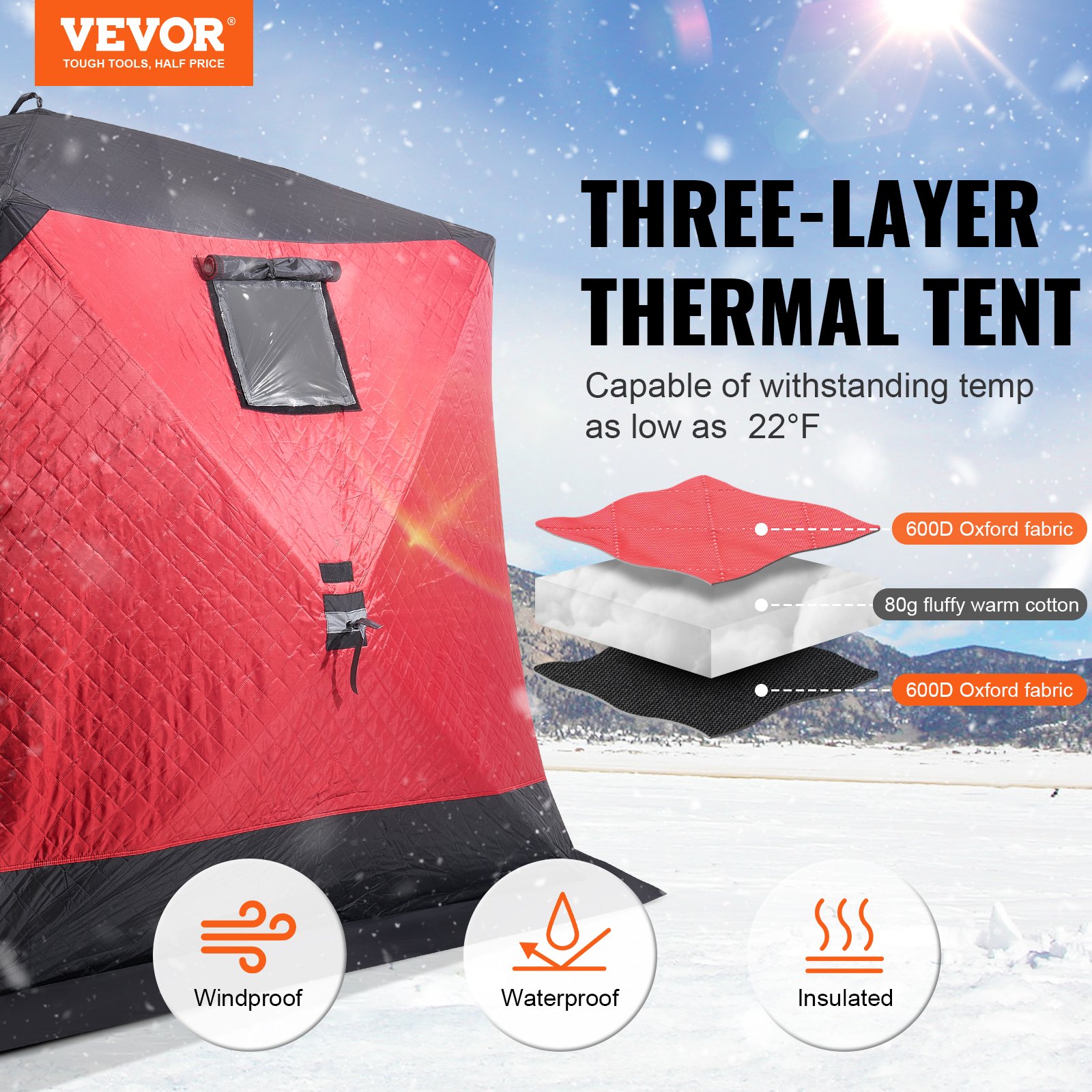 VEVOR Portable Ice Shelter, 4-6 Person Insulated Pop-Up Ice Fishing Tent, 50 Square Feet Fishable Area, Thermal Ice Shanty for Winter Fishing, Ice Cube with Anchors, Ropes, Carrying Bag, 130"x130"