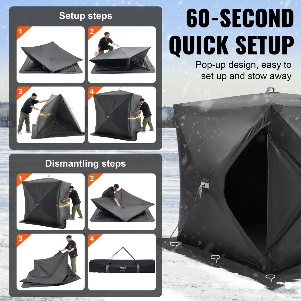 VEVOR Portable Ice Shelter, 1-2 Person Pop-Up Ice Fishing Tent, 24 Square Feet Fishable Area, Ice Shanty for Winter Fishing, Waterproof Oxford Ice Cube with Anchors/Ropes/Carrying Bag, 60"x60", Black
