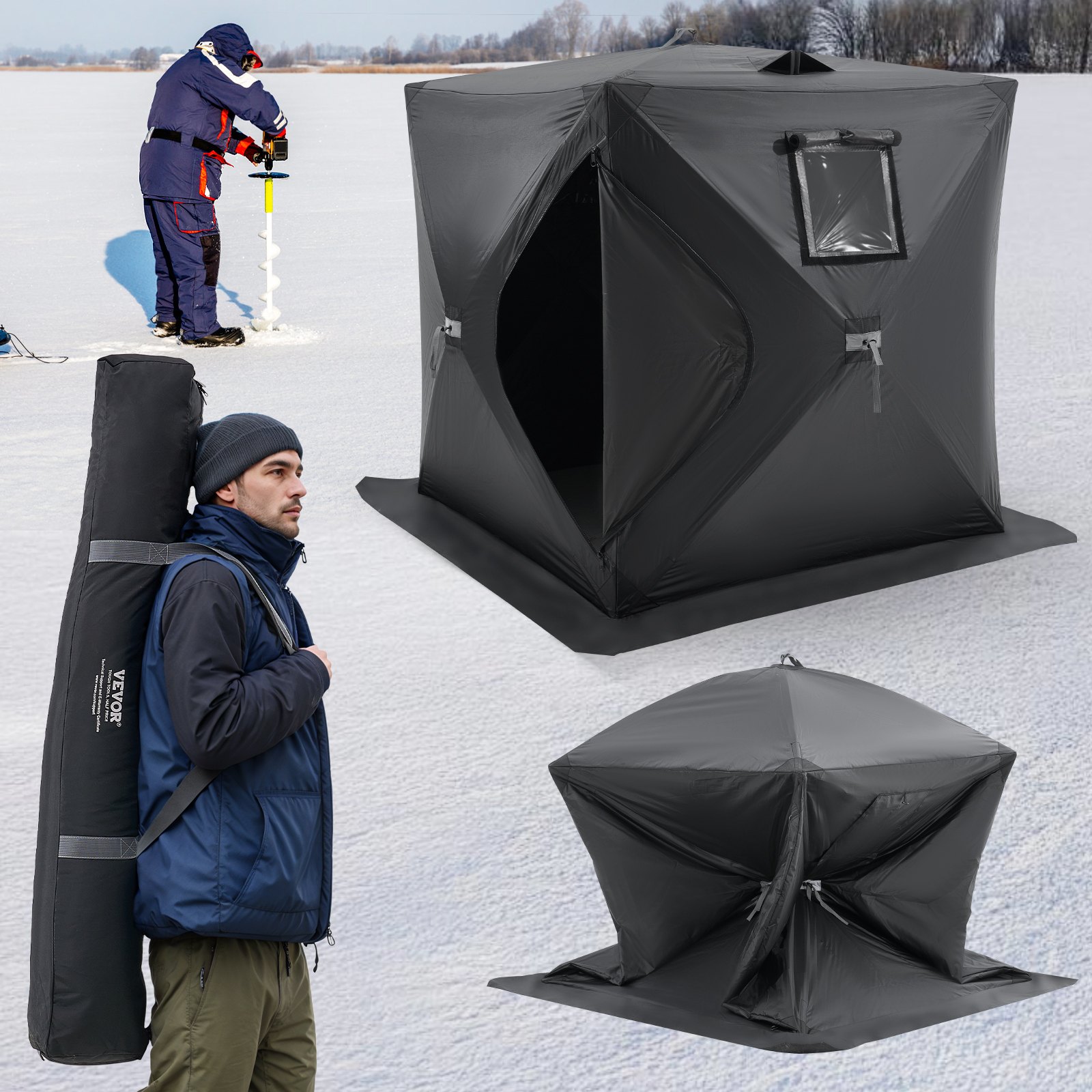 VEVOR Portable Ice Shelter, 1-2 Person Pop-Up Ice Fishing Tent, 24 Square Feet Fishable Area, Ice Shanty for Winter Fishing, Waterproof Oxford Ice Cube with Anchors/Ropes/Carrying Bag, 60"x60", Black