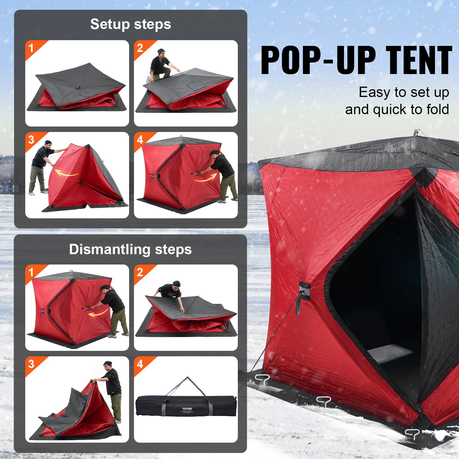 VEVOR Portable Ice Shelter, 3-4 Person Insulated Pop-Up Ice Fishing Tent, 35 Square Feet Fishable Area, Thermal Ice Shanty for Winter Fishing, Ice Cube with Anchors, Ropes, Carrying Bag, 71"x71", Red