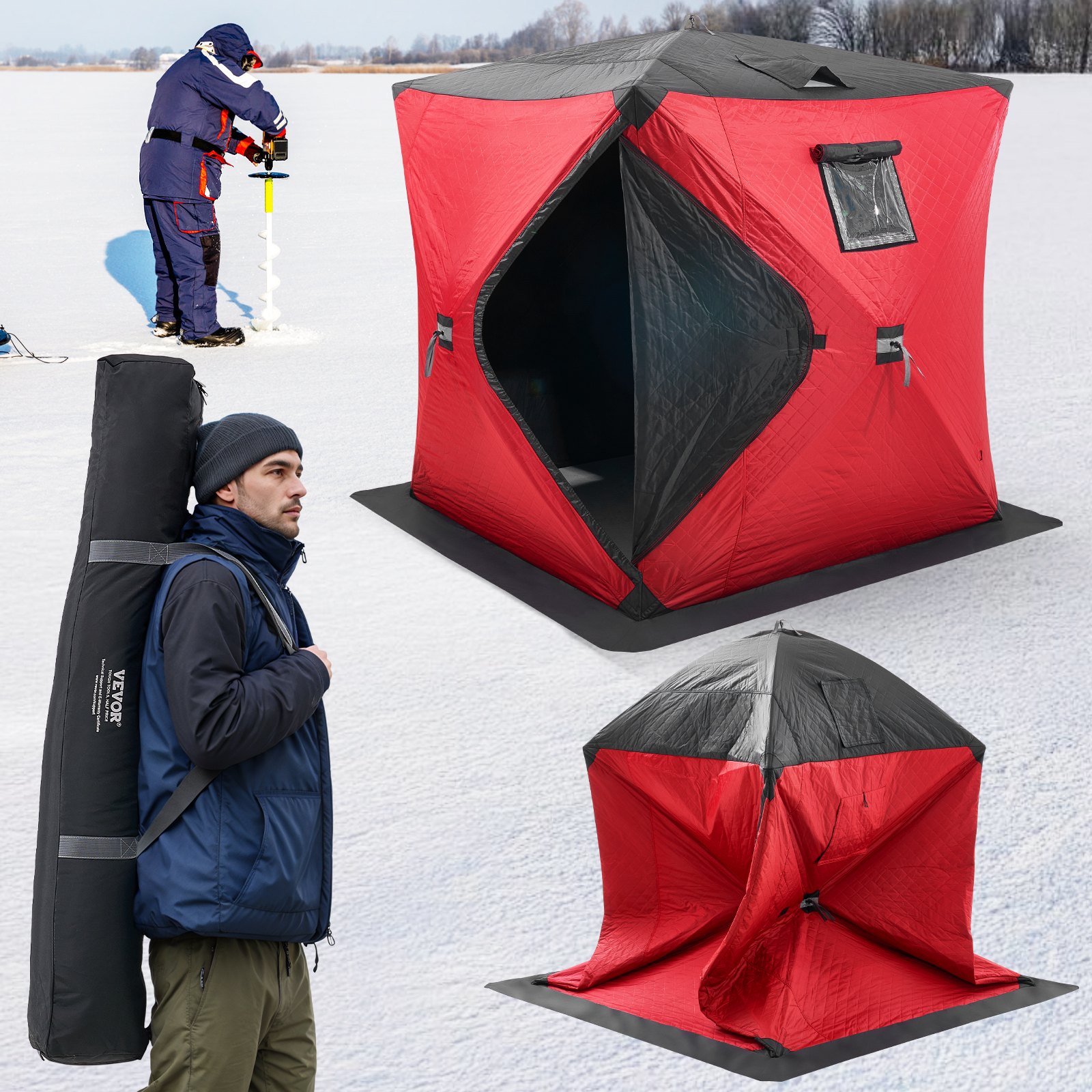 VEVOR Portable Ice Shelter, 3-4 Person Insulated Pop-Up Ice Fishing Tent, 35 Square Feet Fishable Area, Thermal Ice Shanty for Winter Fishing, Ice Cube with Anchors, Ropes, Carrying Bag, 71"x71", Red
