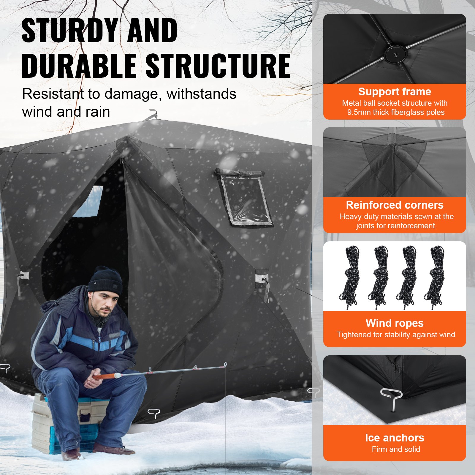 VEVOR Portable Ice Shelter, 3-4 Person Pop-Up Ice Fishing Tent, 43 Square Feet Fishable Area, Ice Shanty for Winter Fishing, Waterproof Oxford Ice Cube with Anchors/Ropes/Carrying Bag, 90"x90", Black