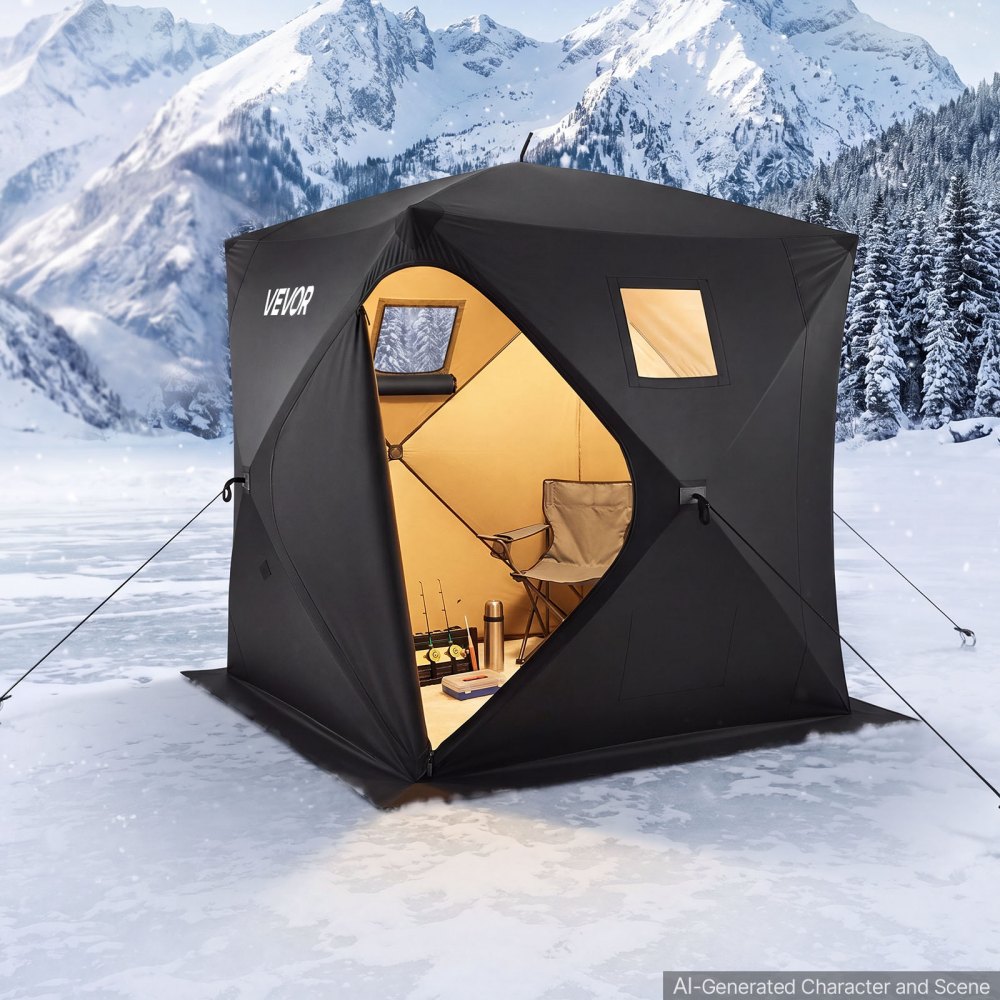 VEVOR Pop Up Ice Fishing Tent 1-2 Person 59 x 59 x 65 in Portable Shelter, for Winter Fishing, 24 sq ft Area, 300D Oxford Fabric Hub-Style Shanty, Ice Cube with Anchors, Ropes, Carrying Bag, Black