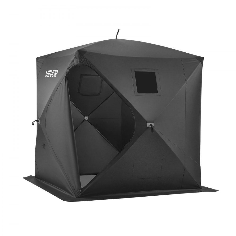 VEVOR Pop Up Ice Fishing Tent 1-2 Person 59 x 59 x 65 in Portable Shelter, for Winter Fishing, 24 sq ft Area, 300D Oxford Fabric Hub-Style Shanty, Ice Cube with Anchors, Ropes, Carrying Bag, Black