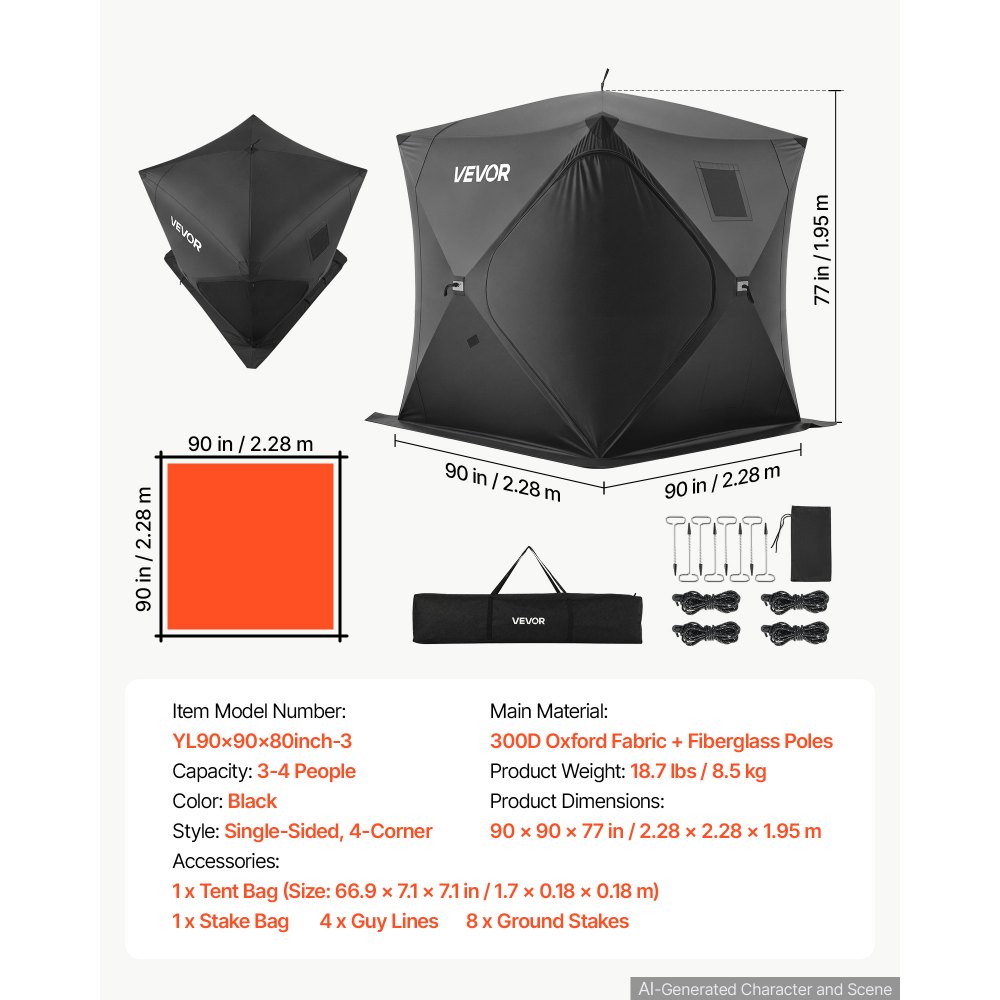 VEVOR Pop Up Ice Fishing Tent 3-4 Person 90 x 90 x 77 in Portable Shelter, for Winter Fishing, 58 sq ft Area, 300D Oxford Fabric Hub-Style Shanty, Ice Cube with Anchors, Ropes, Carrying Bag, Black