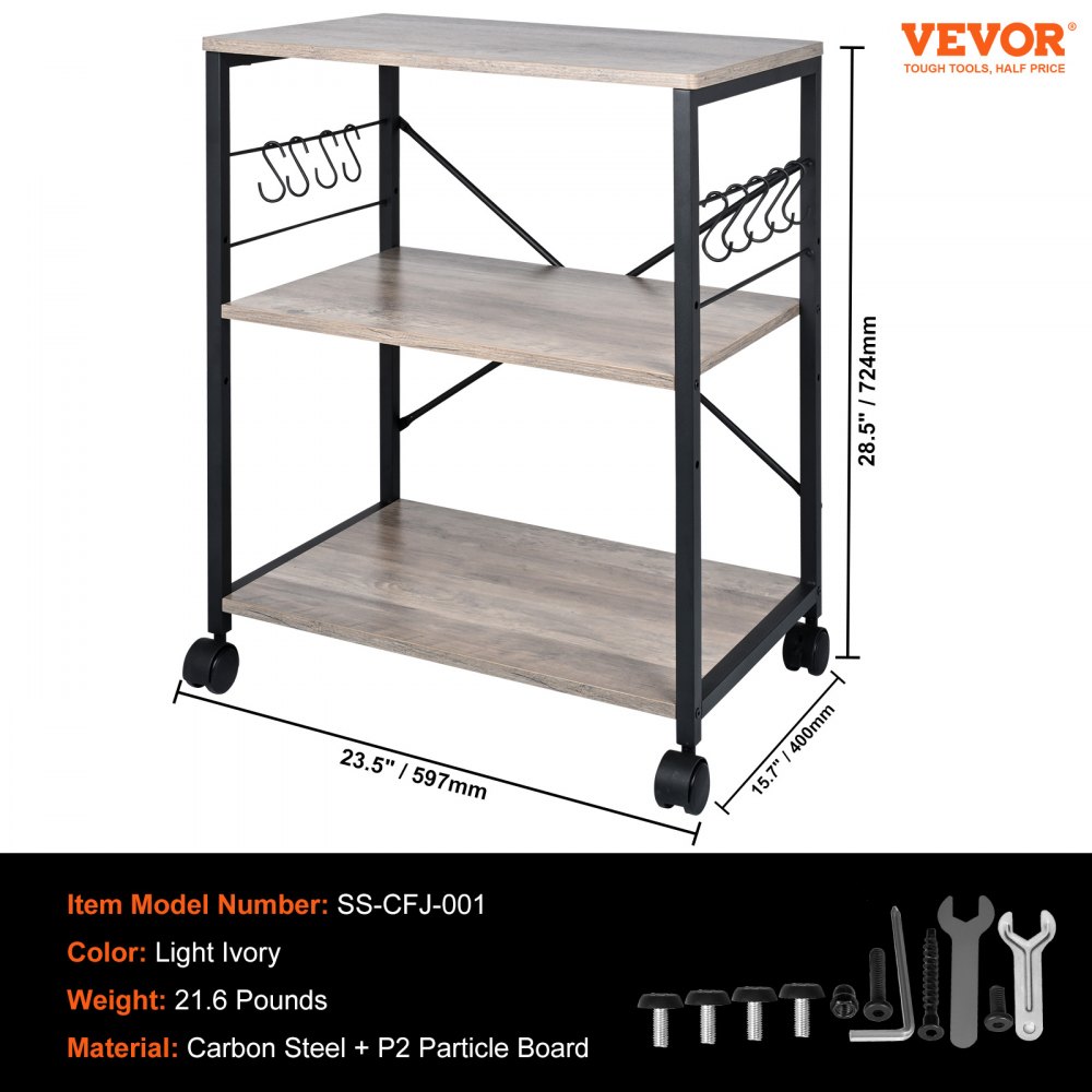 VEVOR Kitchen Baker's Rack, 3-Tier Industrial Microwave Stand with Hutch & 8 S-Shaped Hooks, Multifunctional Coffee Station Organizer with Utility Storage Shelf for Kitchen, Living Room, Light Ivory