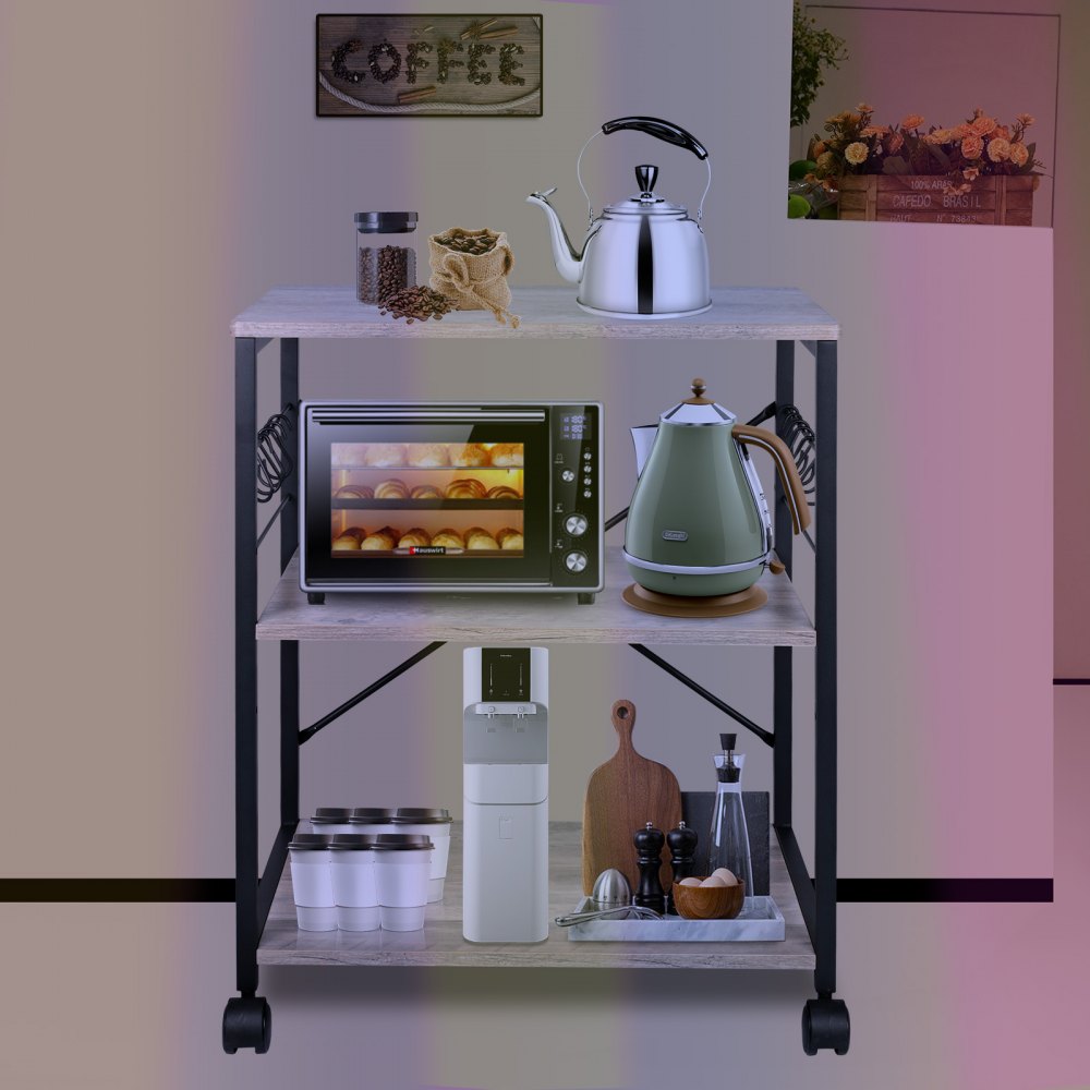 VEVOR Kitchen Baker's Rack, 3-Tier Industrial Microwave Stand with Hutch & 8 S-Shaped Hooks, Multifunctional Coffee Station Organizer with Utility Storage Shelf for Kitchen, Living Room, Light Ivory