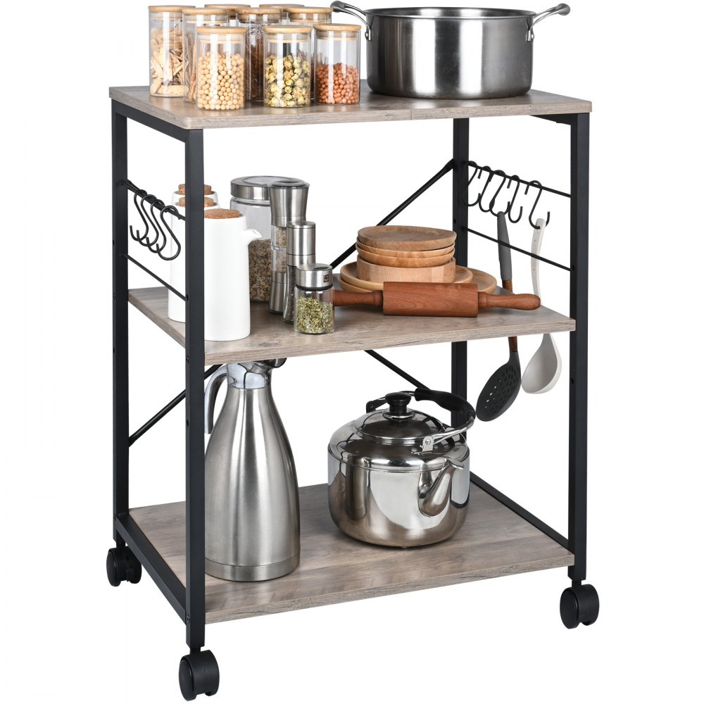 VEVOR Kitchen Baker's Rack, 3-Tier Industrial Microwave Stand with Hutch & 8 S-Shaped Hooks, Multifunctional Coffee Station Organizer with Utility Storage Shelf for Kitchen, Living Room, Light Ivory