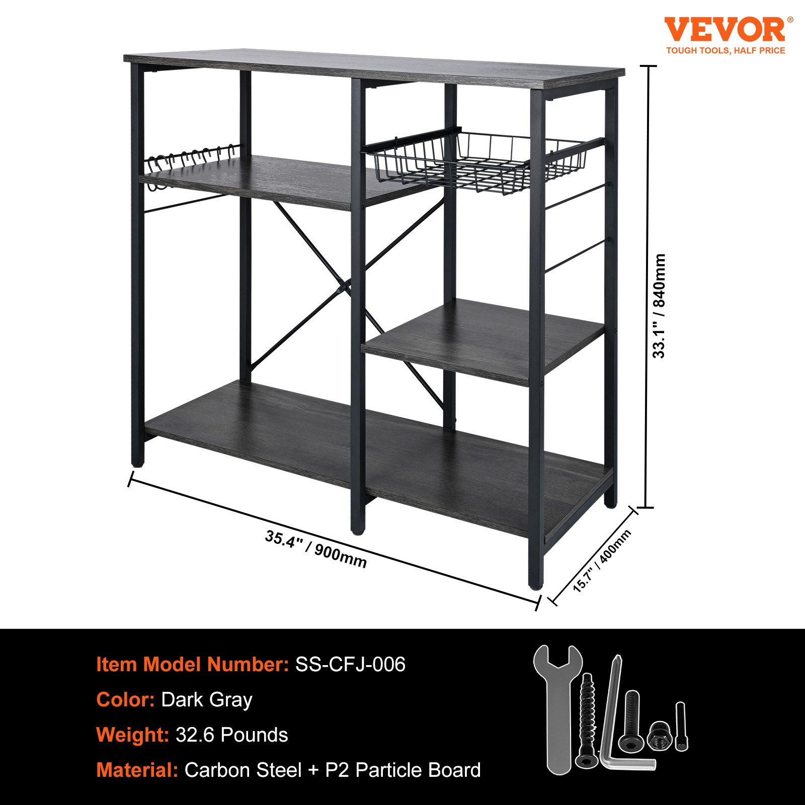 VEVOR Kitchen Baker's Rack, 5-Tier Industrial Microwave Stand with Hutch & 8 S-Shaped Hooks, Multifunctional Coffee Station Organizer with Utility Storage Shelf for Kitchen, Living Room, Dark Gray