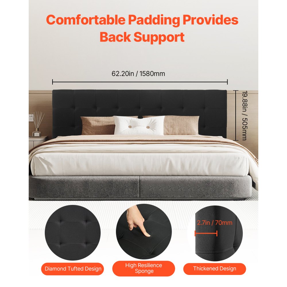 VEVOR Headboard, Queen Size Headboard with Adjustable Height, Comfortable Diamond Tufted for Queen Size Bed, W62.2 x H(42.72-54.53) x D2.76 in, Ideal for Bedroom, Hotel, Homestay, Dormitory, Black