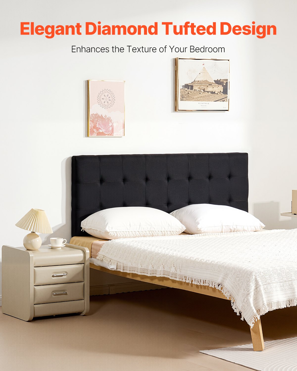 VEVOR Headboard, Queen Size Headboard with Adjustable Height, Comfortable Diamond Tufted for Queen Size Bed, W62.2 x H(42.72-54.53) x D2.76 in, Ideal for Bedroom, Hotel, Homestay, Dormitory, Black
