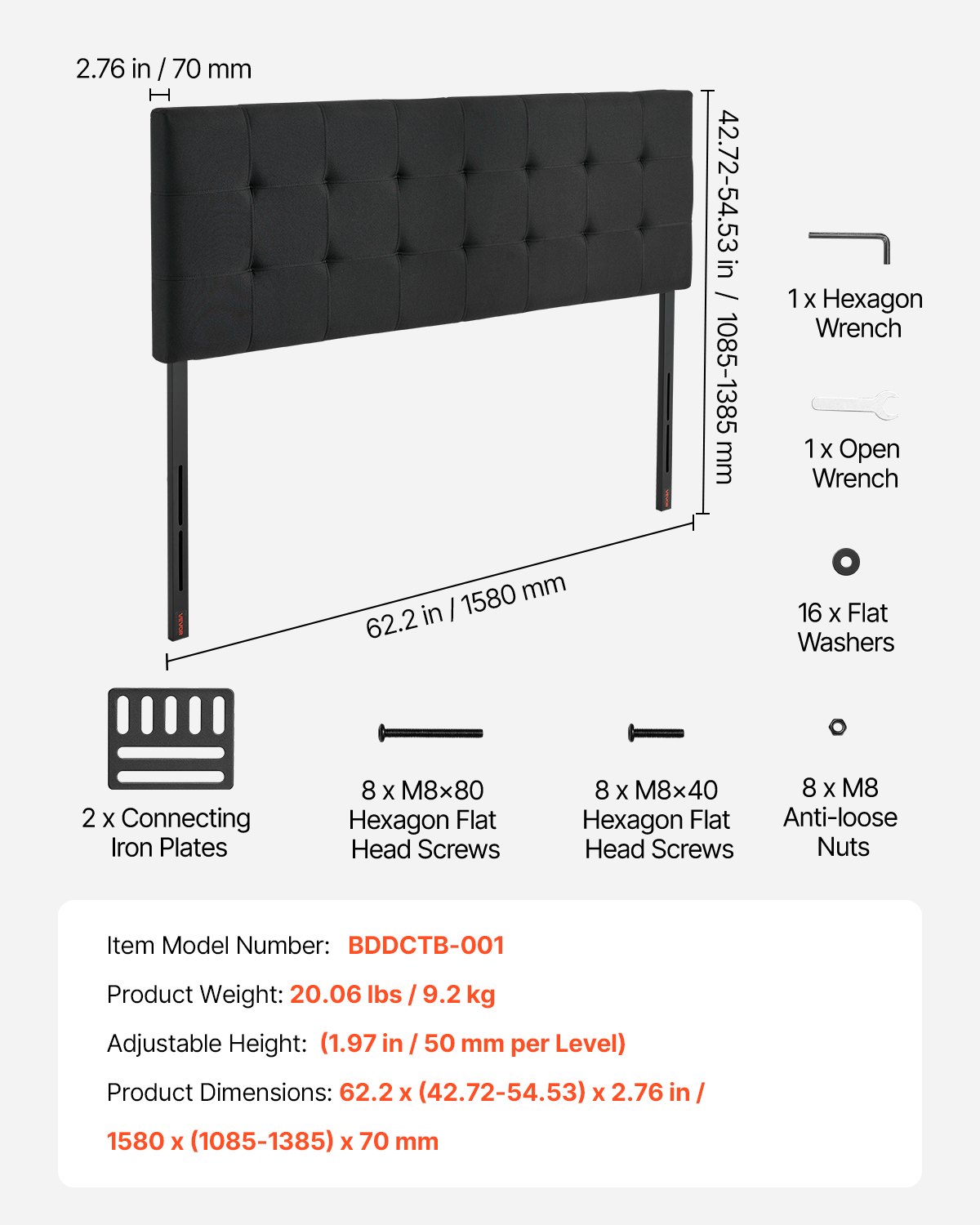 VEVOR Headboard, Queen Size Headboard with Adjustable Height, Comfortable Diamond Tufted for Queen Size Bed, W62.2 x H(42.72-54.53) x D2.76 in, Ideal for Bedroom, Hotel, Homestay, Dormitory, Black