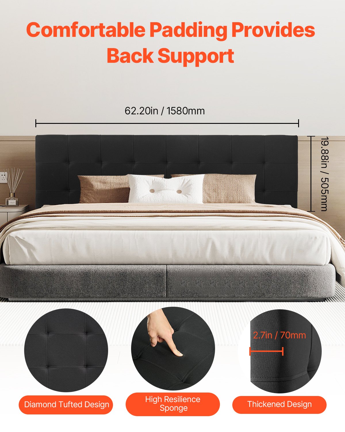 VEVOR Headboard, Queen Size Headboard with Adjustable Height, Comfortable Diamond Tufted for Queen Size Bed, W62.2 x H(42.72-54.53) x D2.76 in, Ideal for Bedroom, Hotel, Homestay, Dormitory, Black