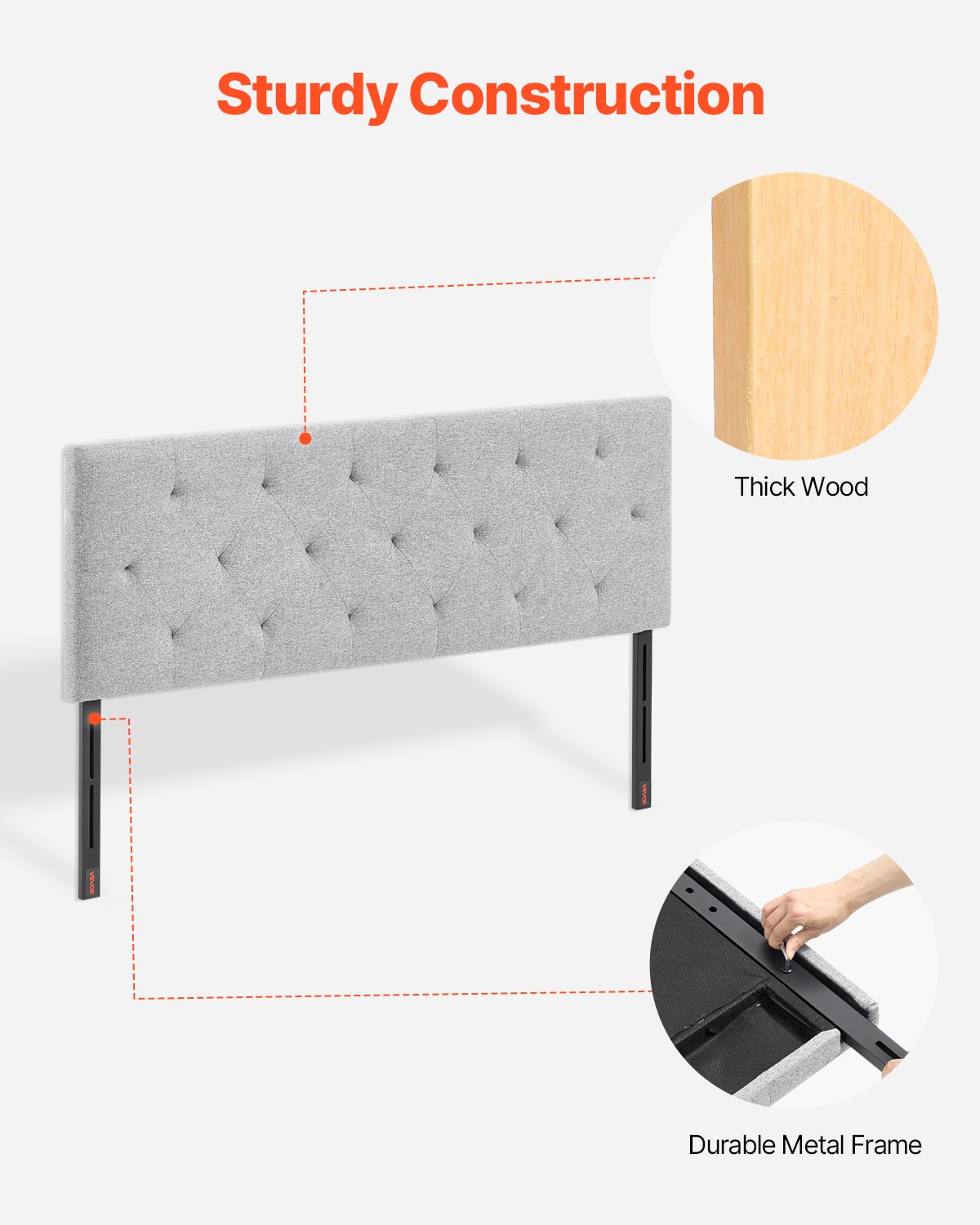 VEVOR Headboard, Full Size Headboard with Adjustable Height, Comfortable Diamond Tufted for Full Size Bed, W 56.3 x H（35.6-47.4）inches, Ideal for Bedroom, Hotel, Homestay, Dormitory, Light Grey