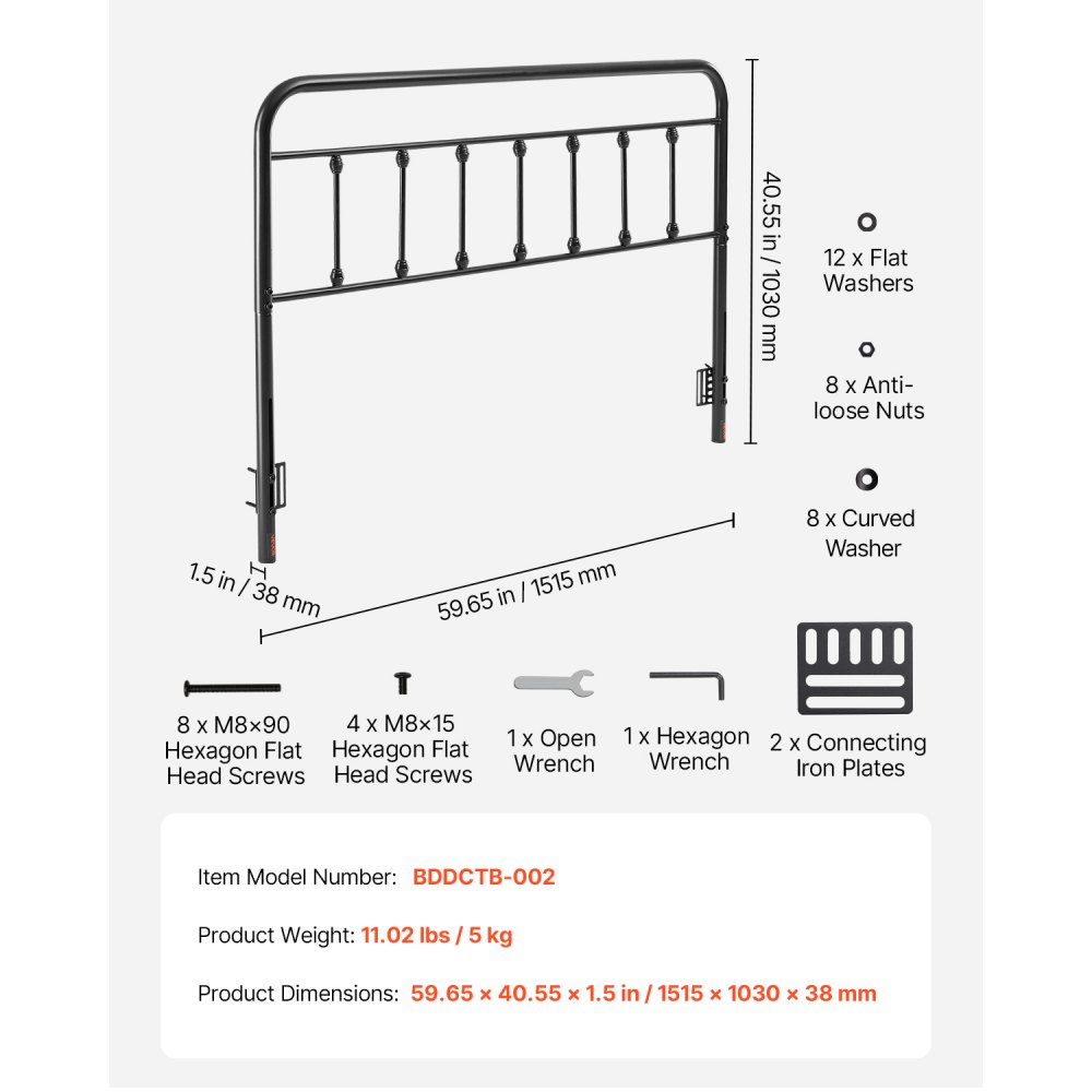VEVOR Metal Headboard, Queen Size Headboard with Adjustable Height, Metal Headboard for Queen Size Bed, W59.65 x H40.55 x D1.5 inches, Ideal for Bedroom, Hotel, Homestay, Dormitory, Black
