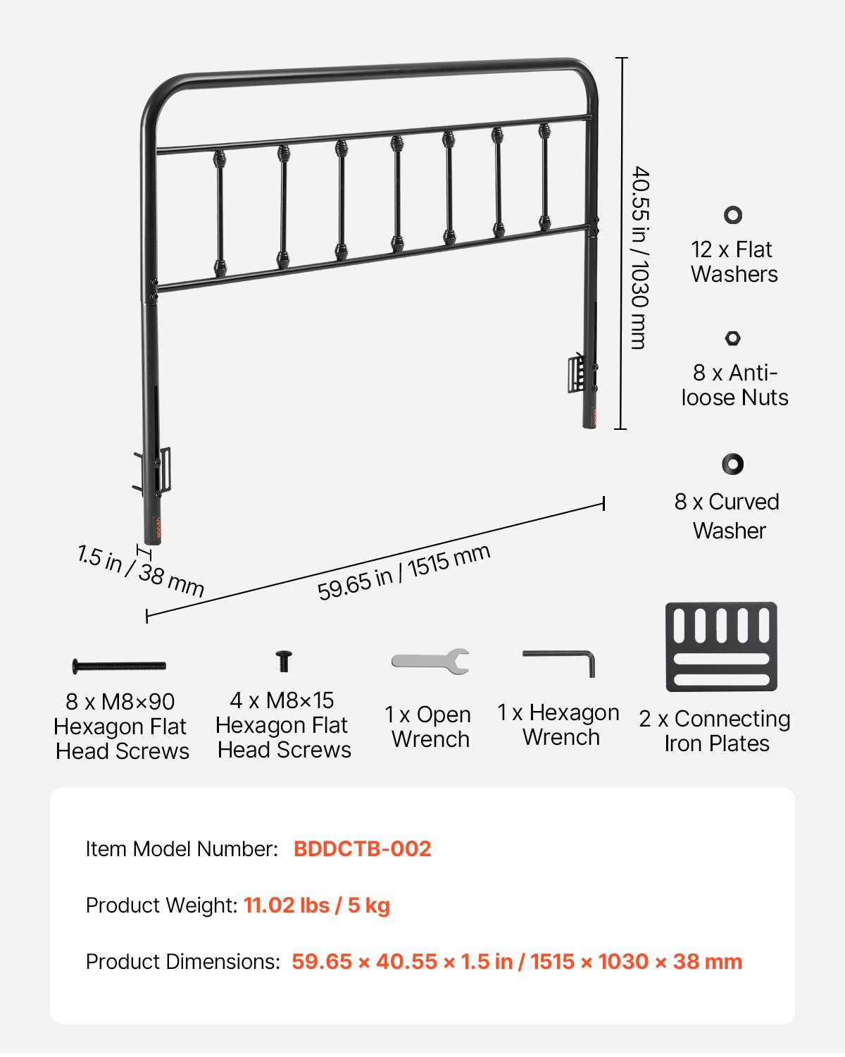VEVOR Metal Headboard, Queen Size Headboard with Adjustable Height, Metal Headboard for Queen Size Bed, W59.65 x H40.55 x D1.5 inches, Ideal for Bedroom, Hotel, Homestay, Dormitory, Black
