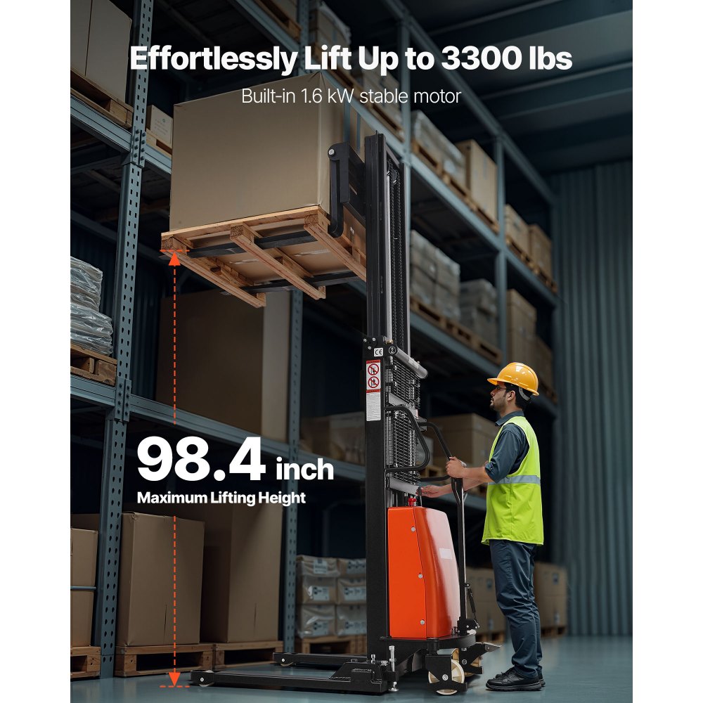 VEVOR Semi Electric Pallet Stacker, 3300 lbs Load Capacity, Pallet Lift Stacker Forklift with Straddle Legs, 96.06 Inches Lifting Height & 8.3-33.86 Inches Adjustable Fork Width, Orange & Black