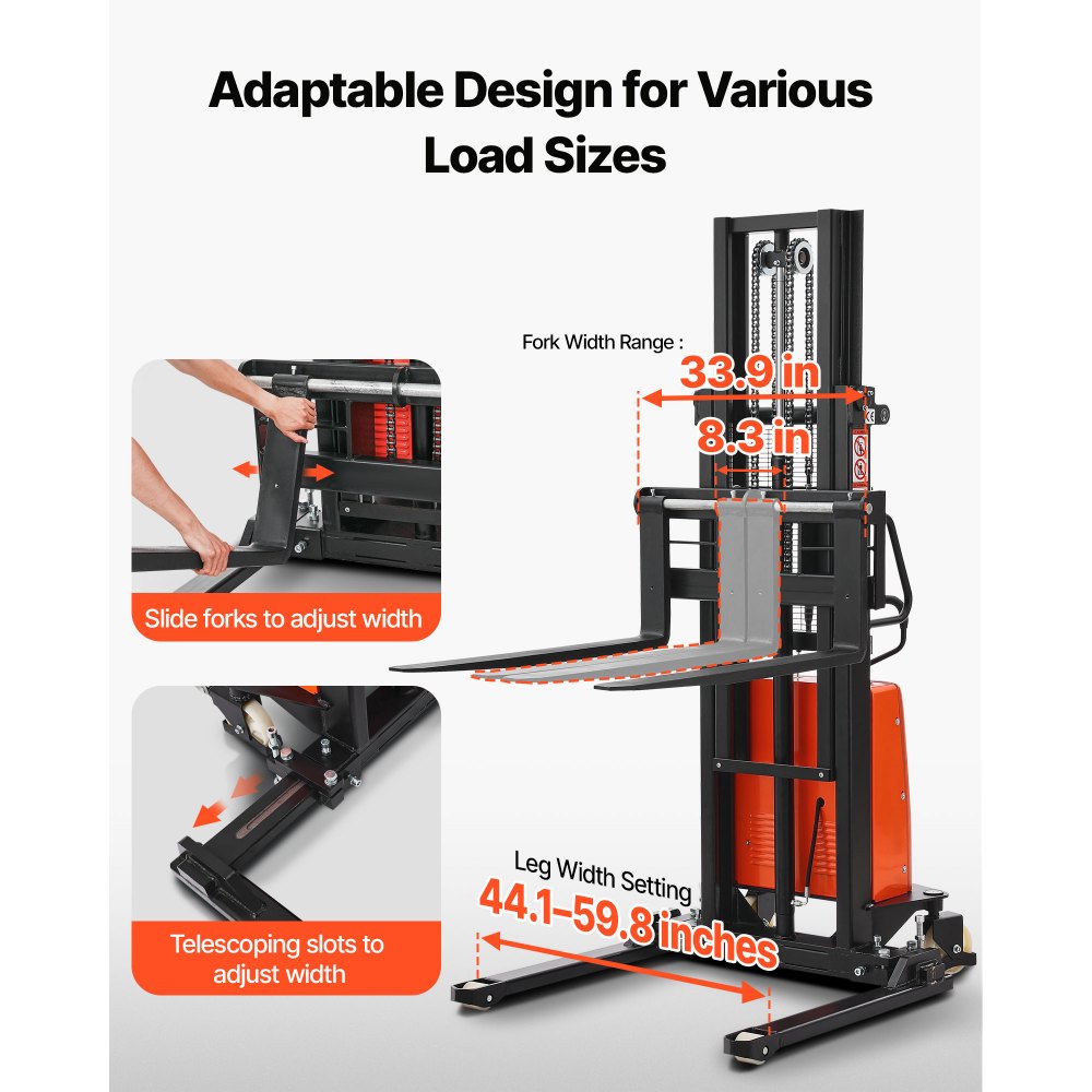 VEVOR Semi Electric Pallet Stacker, 3300 lbs Load Capacity, Pallet Lift Stacker Forklift with Straddle Legs, 96.06 Inches Lifting Height & 8.3-33.86 Inches Adjustable Fork Width, Orange & Black