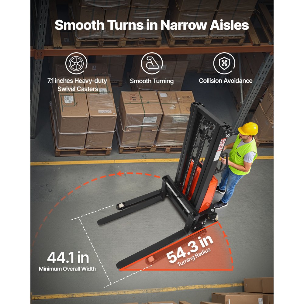 VEVOR Semi Electric Pallet Stacker, 3300 lbs Load Capacity, Pallet Lift Stacker Forklift with Straddle Legs, 96.06 Inches Lifting Height & 8.3-33.86 Inches Adjustable Fork Width, Orange & Black