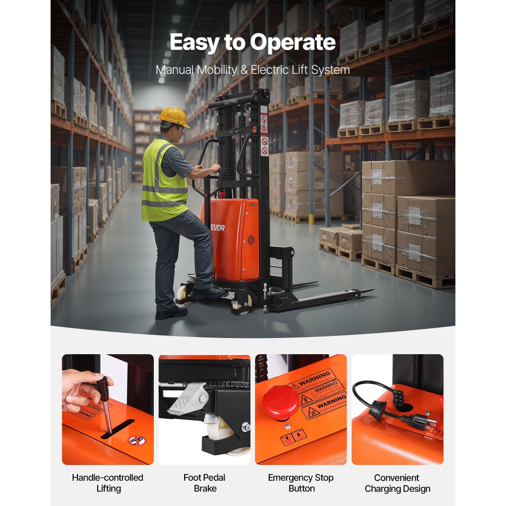 VEVOR Semi Electric Pallet Stacker, 3300 lbs Load Capacity, Pallet Lift Stacker Forklift with Straddle Legs, 96.06 Inches Lifting Height & 8.3-33.86 Inches Adjustable Fork Width, Orange & Black