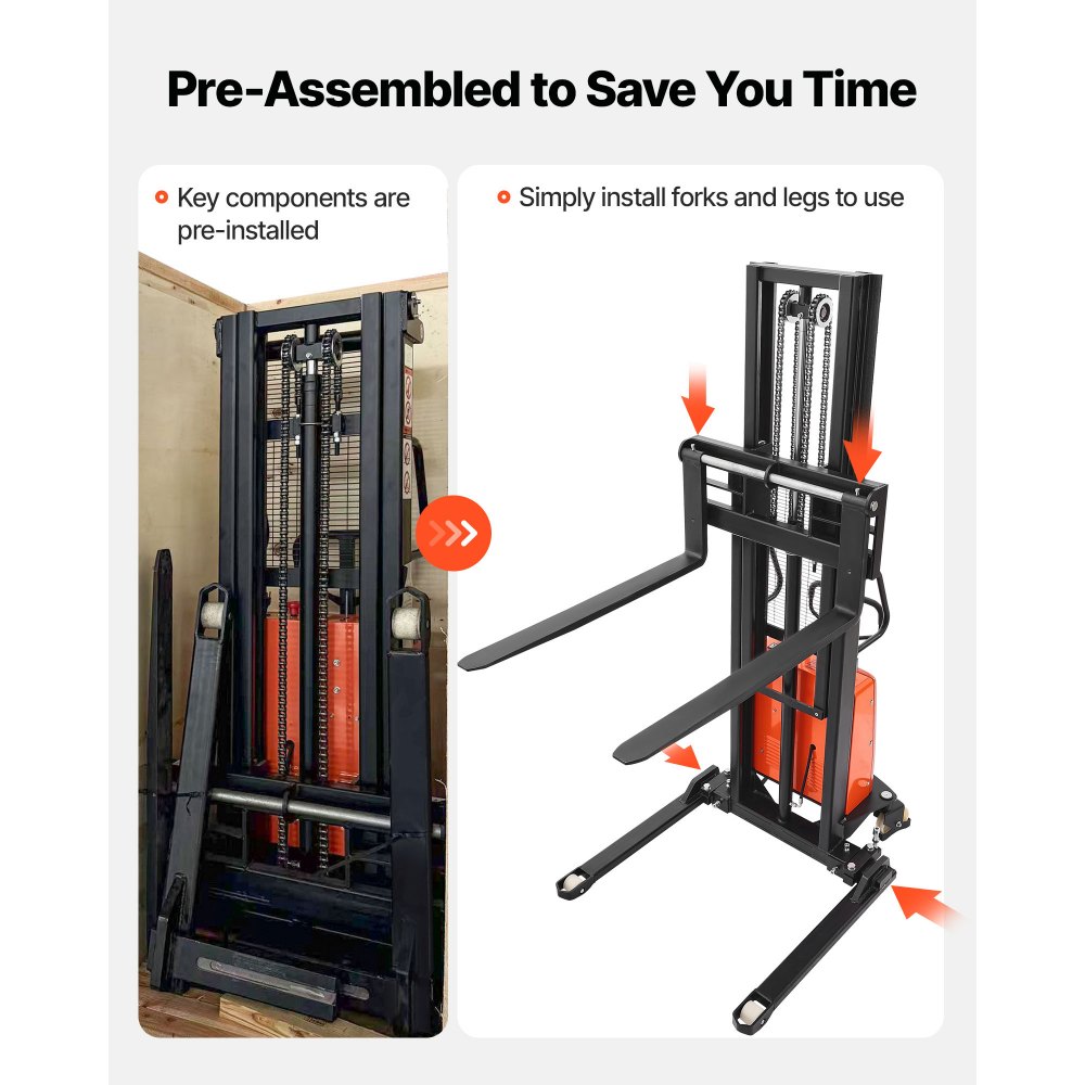VEVOR Semi Electric Pallet Stacker, 3300 lbs Load Capacity, Pallet Lift Stacker Forklift with Straddle Legs, 96.06 Inches Lifting Height & 8.3-33.86 Inches Adjustable Fork Width, Orange & Black