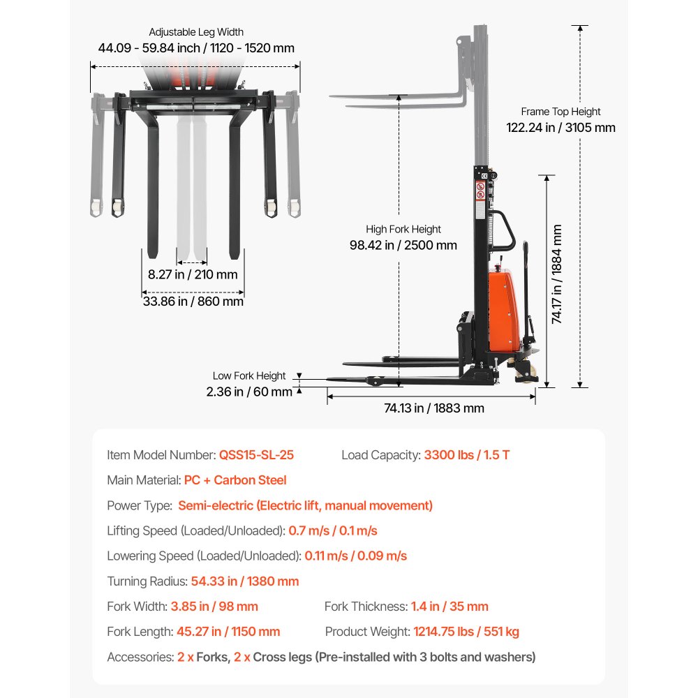 VEVOR Semi Electric Pallet Stacker, 3300 lbs Load Capacity, Pallet Lift Stacker Forklift with Straddle Legs, 96.06 Inches Lifting Height & 8.3-33.86 Inches Adjustable Fork Width, Orange & Black