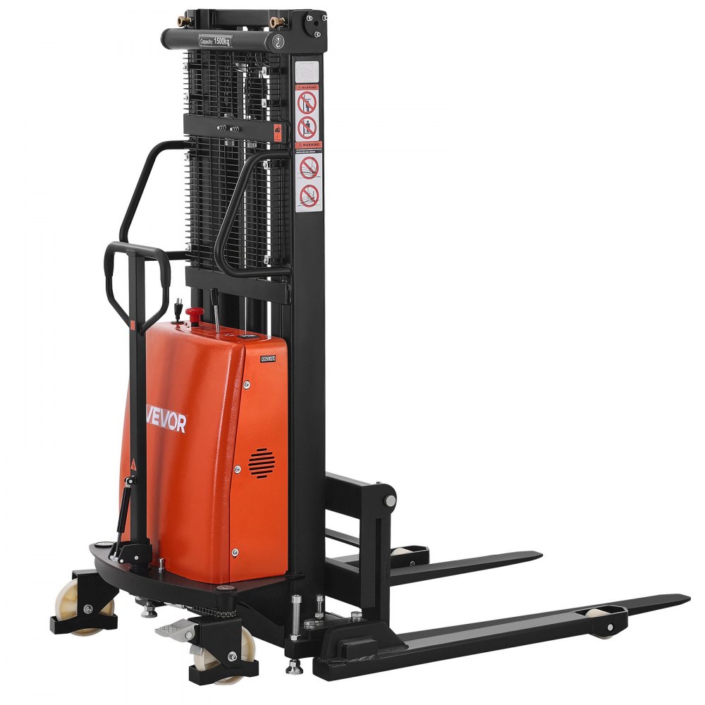 VEVOR Semi Electric Pallet Stacker, 3300 lbs Load Capacity, Pallet Lift Stacker Forklift with Straddle Legs, 96.06 Inches Lifting Height & 8.3-33.86 Inches Adjustable Fork Width, Orange & Black