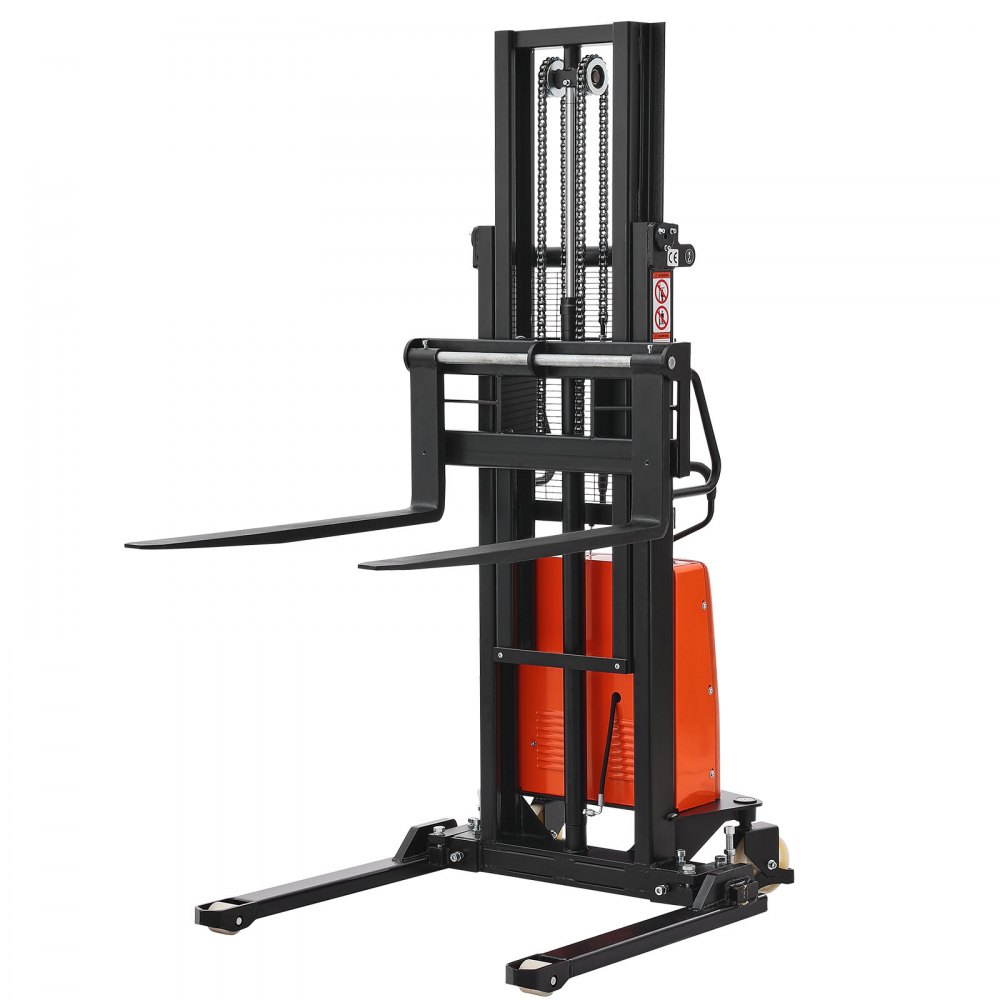 VEVOR Semi Electric Pallet Stacker, 3300 lbs Load Capacity, Pallet Lift Stacker Forklift with Straddle Legs, 96.06 Inches Lifting Height & 8.3-33.86 Inches Adjustable Fork Width, Orange & Black