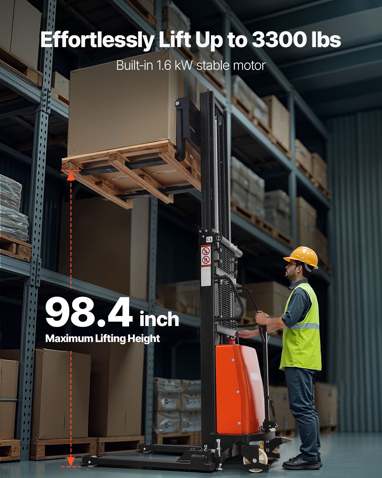 VEVOR Semi Electric Pallet Stacker, 3300 lbs Load Capacity, Pallet Lift Stacker Forklift with Straddle Legs, 96.06 Inches Lifting Height & 8.3-33.86 Inches Adjustable Fork Width, Orange & Black