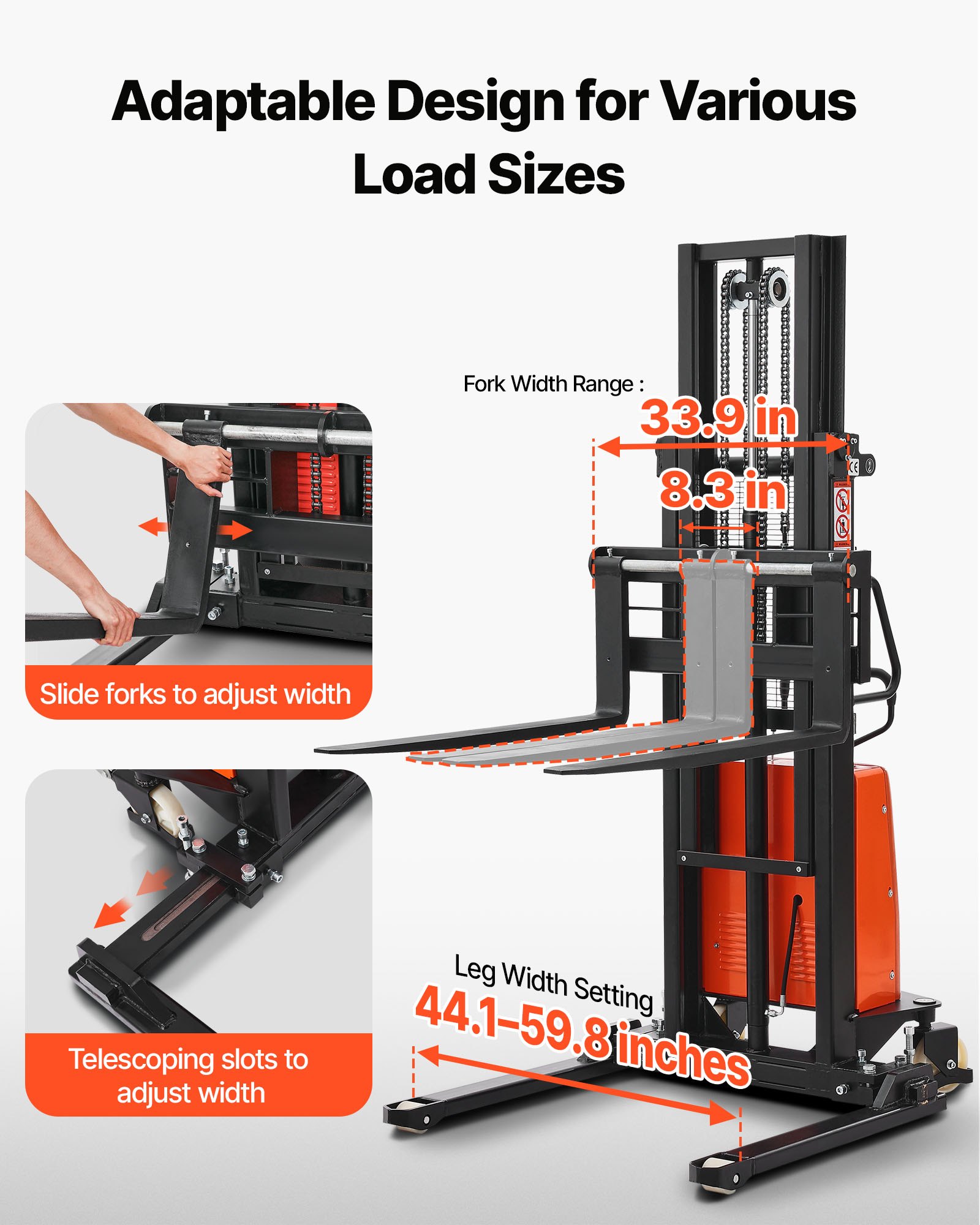 VEVOR Semi Electric Pallet Stacker, 3300 lbs Load Capacity, Pallet Lift Stacker Forklift with Straddle Legs, 96.06 Inches Lifting Height & 8.3-33.86 Inches Adjustable Fork Width, Orange & Black