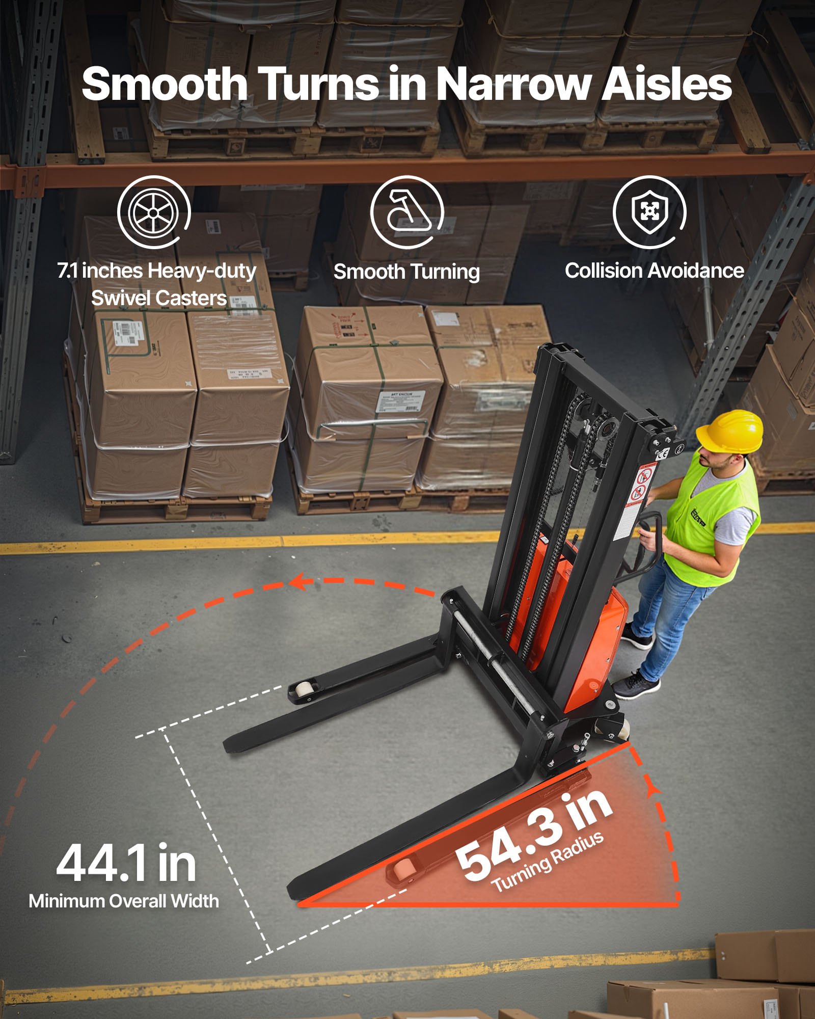 VEVOR Semi Electric Pallet Stacker, 3300 lbs Load Capacity, Pallet Lift Stacker Forklift with Straddle Legs, 96.06 Inches Lifting Height & 8.3-33.86 Inches Adjustable Fork Width, Orange & Black
