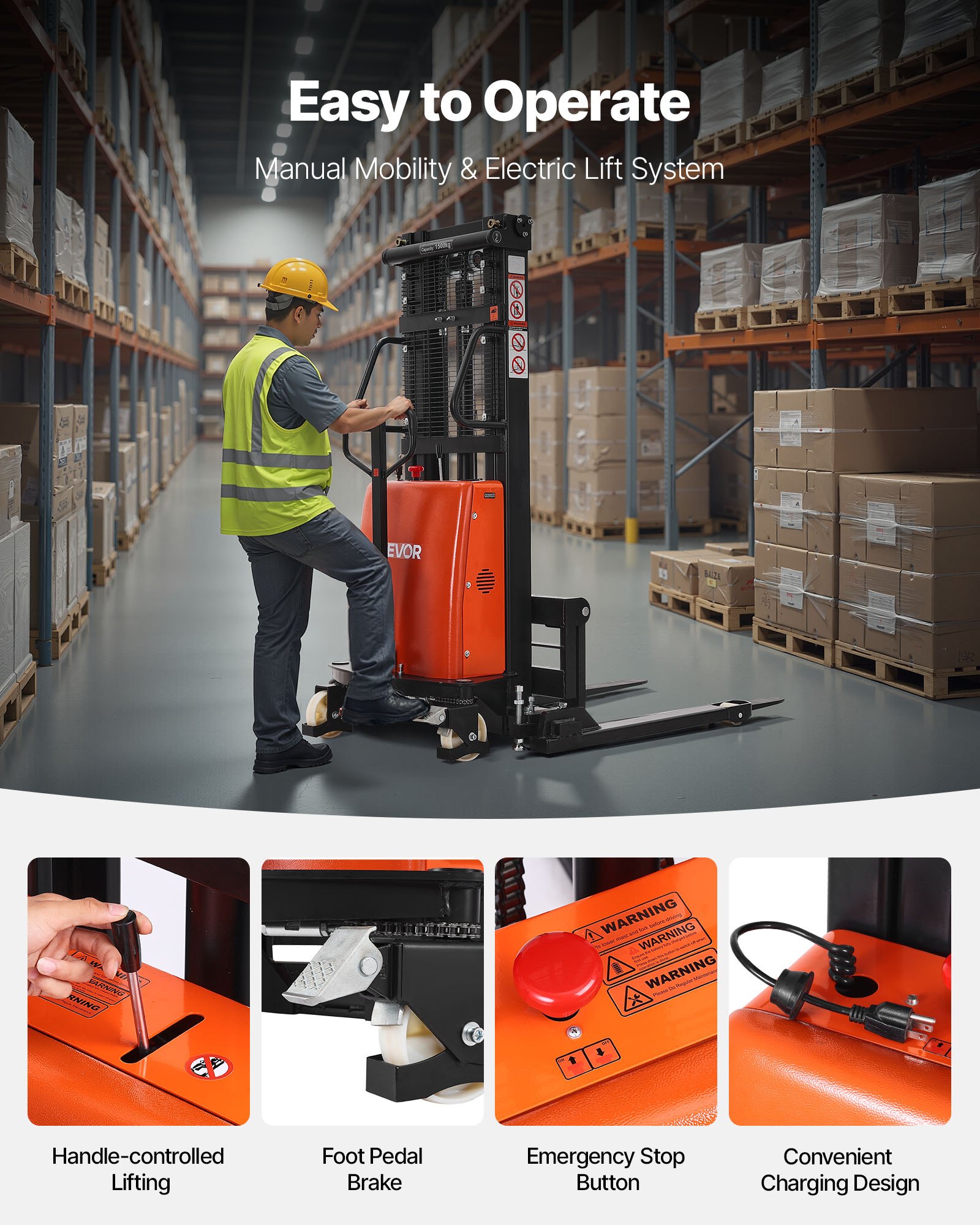 VEVOR Semi Electric Pallet Stacker, 3300 lbs Load Capacity, Pallet Lift Stacker Forklift with Straddle Legs, 96.06 Inches Lifting Height & 8.3-33.86 Inches Adjustable Fork Width, Orange & Black