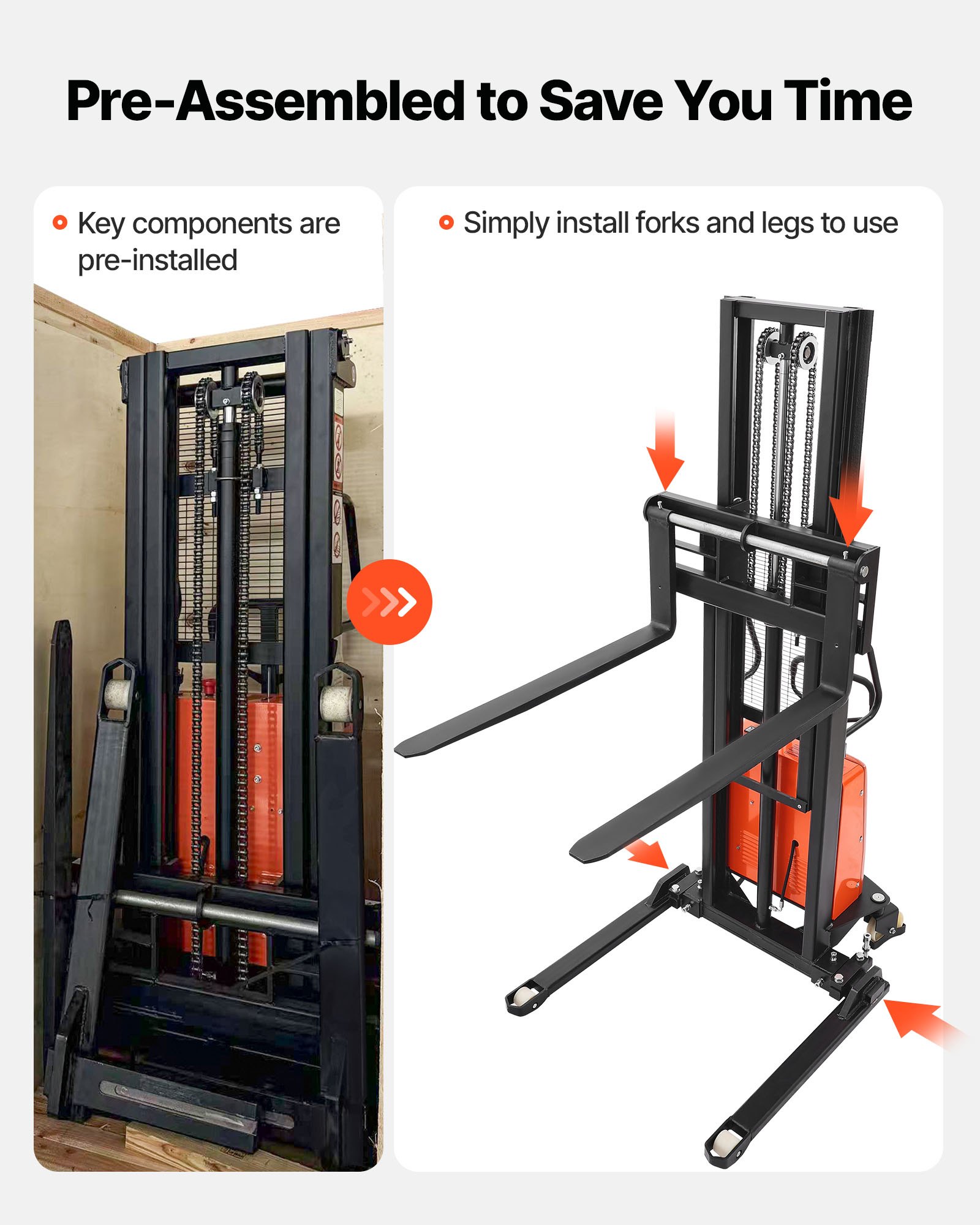 VEVOR Semi Electric Pallet Stacker, 3300 lbs Load Capacity, Pallet Lift Stacker Forklift with Straddle Legs, 96.06 Inches Lifting Height & 8.3-33.86 Inches Adjustable Fork Width, Orange & Black