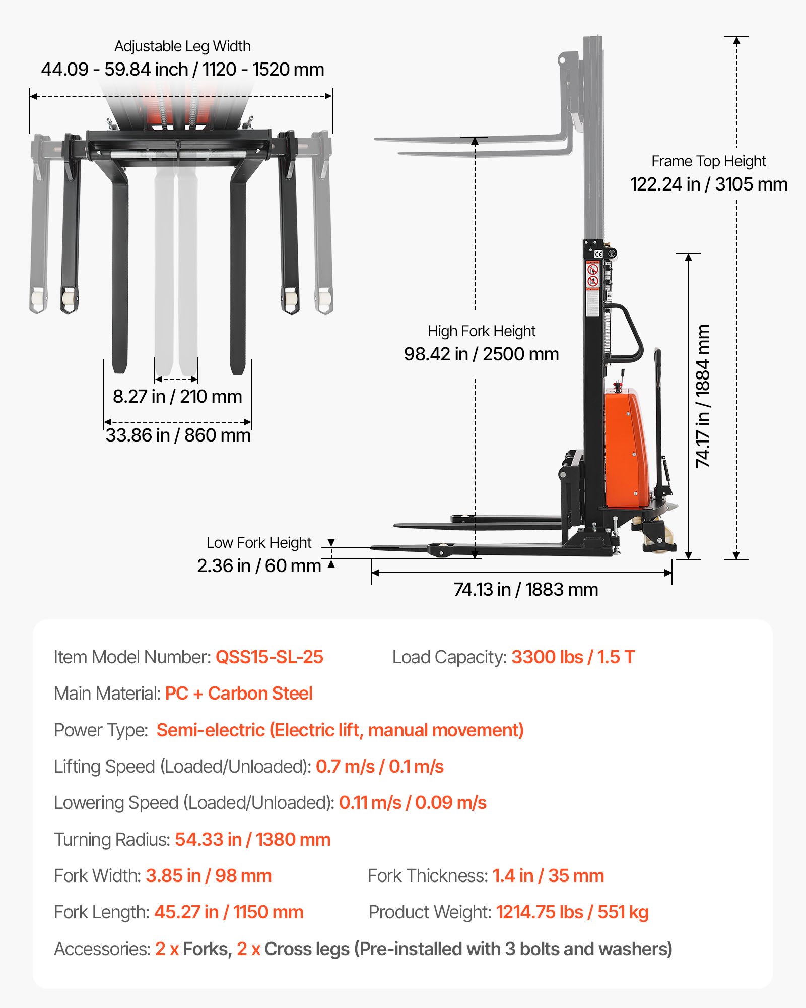 VEVOR Semi Electric Pallet Stacker, 3300 lbs Load Capacity, Pallet Lift Stacker Forklift with Straddle Legs, 96.06 Inches Lifting Height & 8.3-33.86 Inches Adjustable Fork Width, Orange & Black