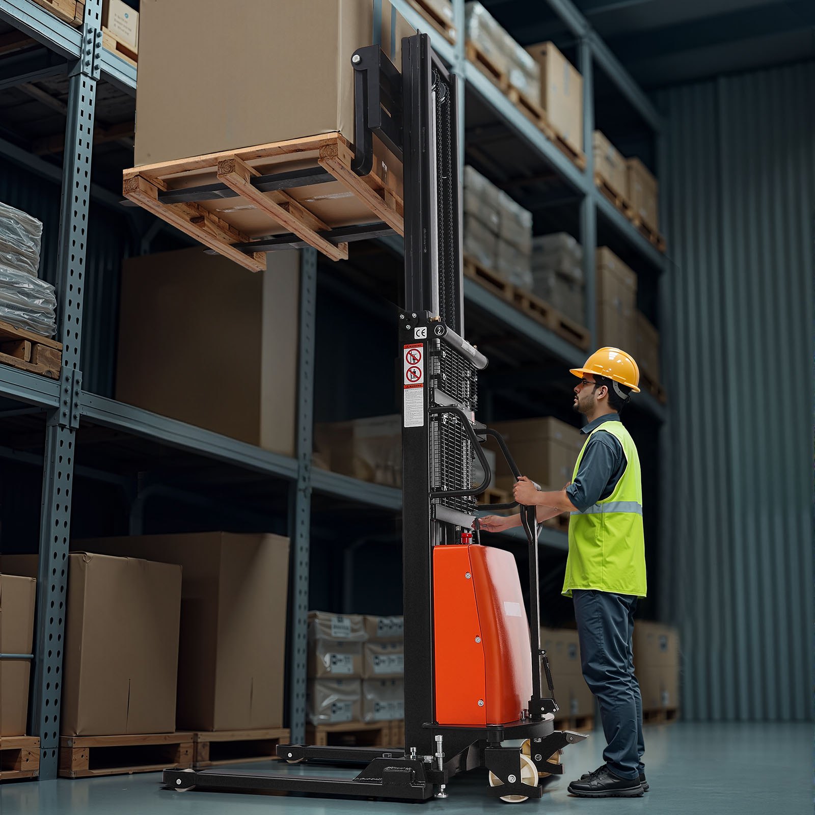 VEVOR Semi Electric Pallet Stacker, 3300 lbs Load Capacity, Pallet Lift Stacker Forklift with Straddle Legs, 96.06 Inches Lifting Height & 8.3-33.86 Inches Adjustable Fork Width, Orange & Black