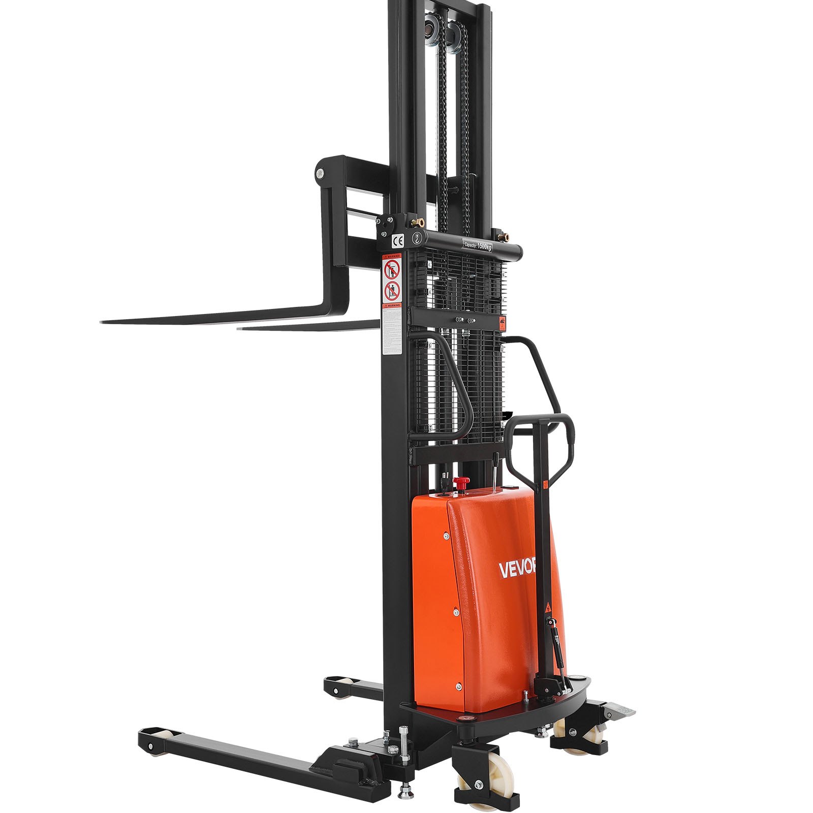 VEVOR Semi Electric Pallet Stacker, 3300 lbs Load Capacity, Pallet Lift Stacker Forklift with Straddle Legs, 96.06 Inches Lifting Height & 8.3-33.86 Inches Adjustable Fork Width, Orange & Black