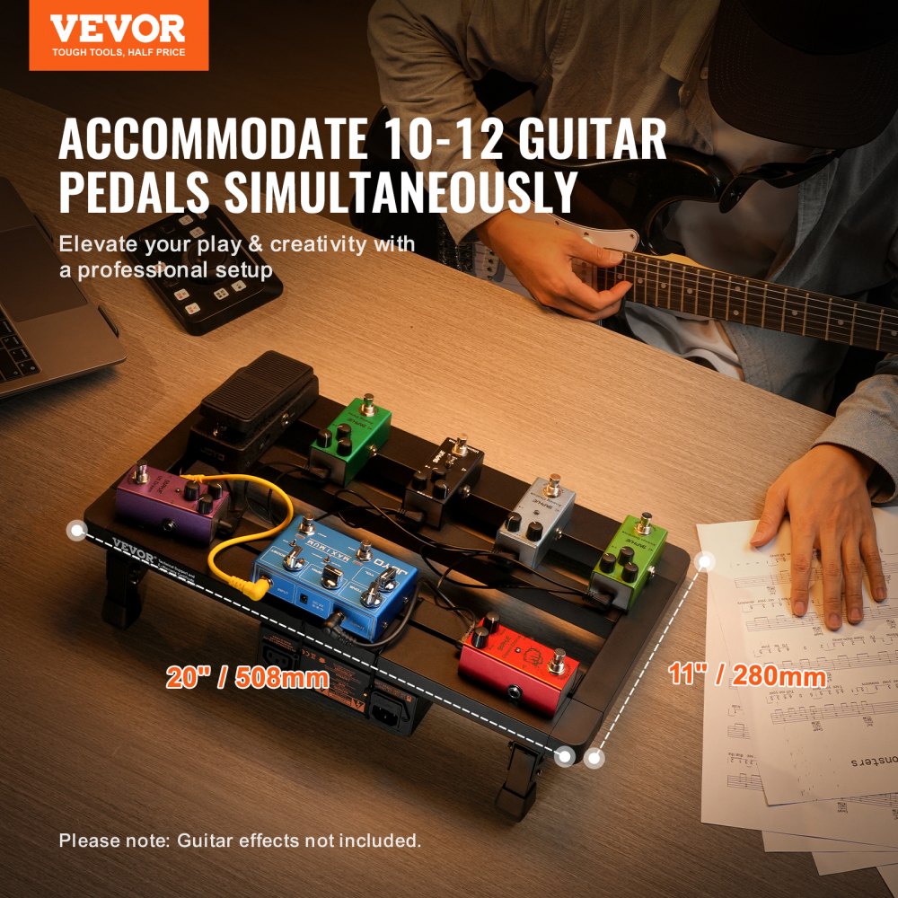 VEVOR guitar pedal board setup with brightly colored pedals, dimensions 20&quot;x11&quot;, suitable for 10-12 pedals.