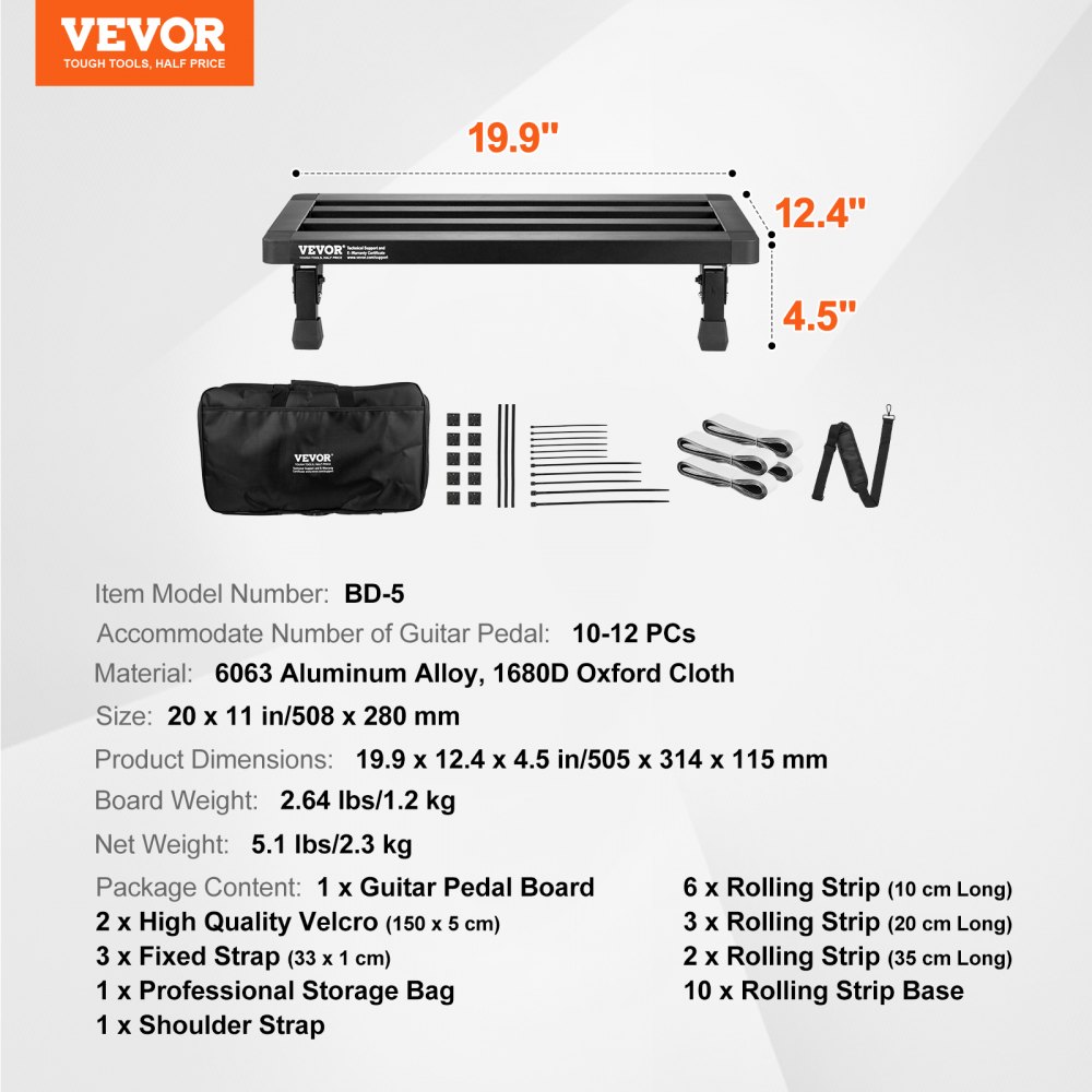 VEVOR guitar pedal board, dimensions 19.9&quot;x12.4&quot;x4.5&quot;, storage bag, velcro straps, and accessories included.