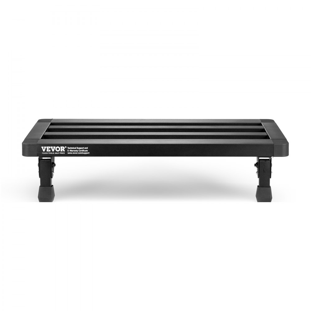 black VEVOR guitar pedal board with adjustable legs and sleek metal design, front view.