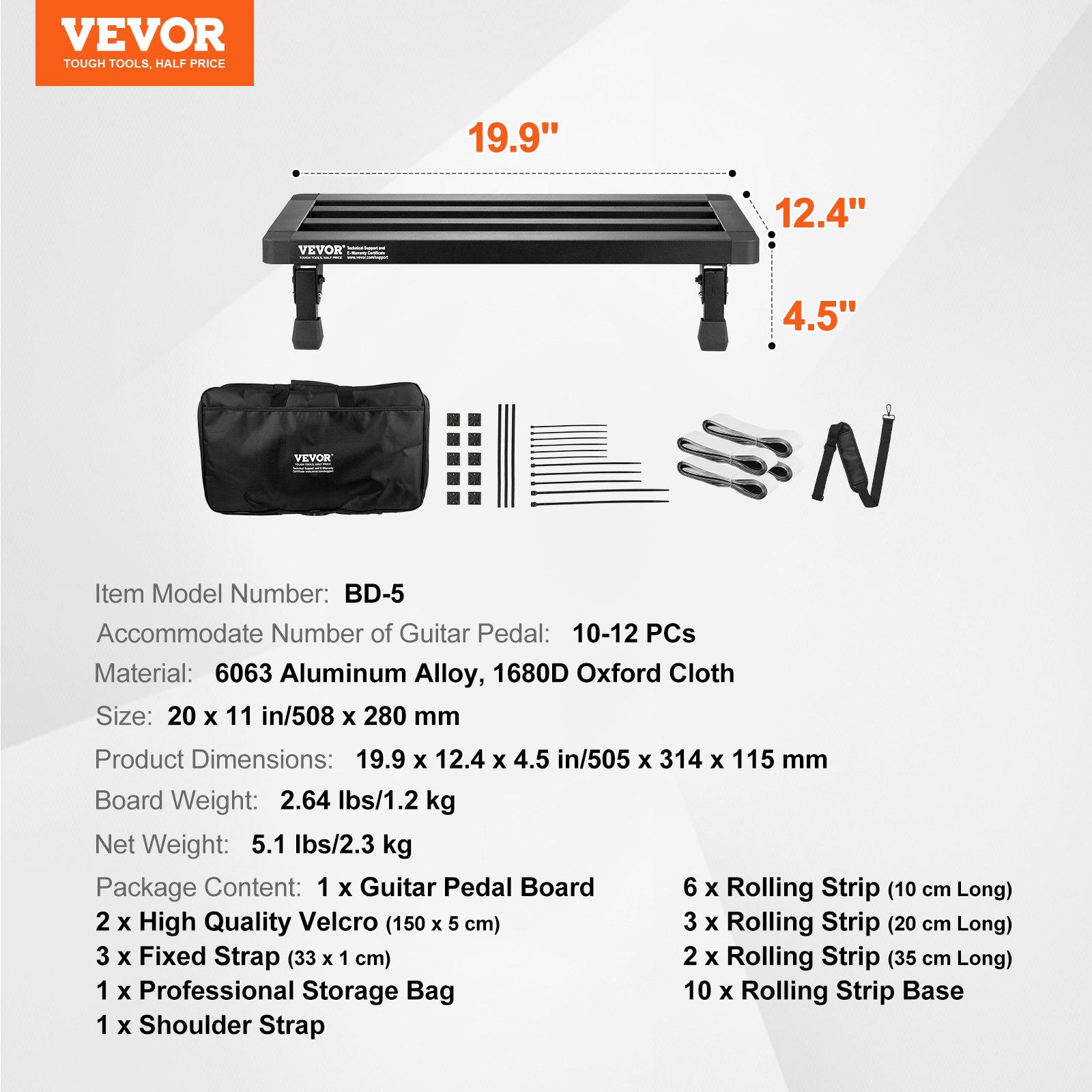 VEVOR guitar pedal board, dimensions 19.9&quot;x12.4&quot;x4.5&quot;, storage bag, velcro straps, and accessories included.