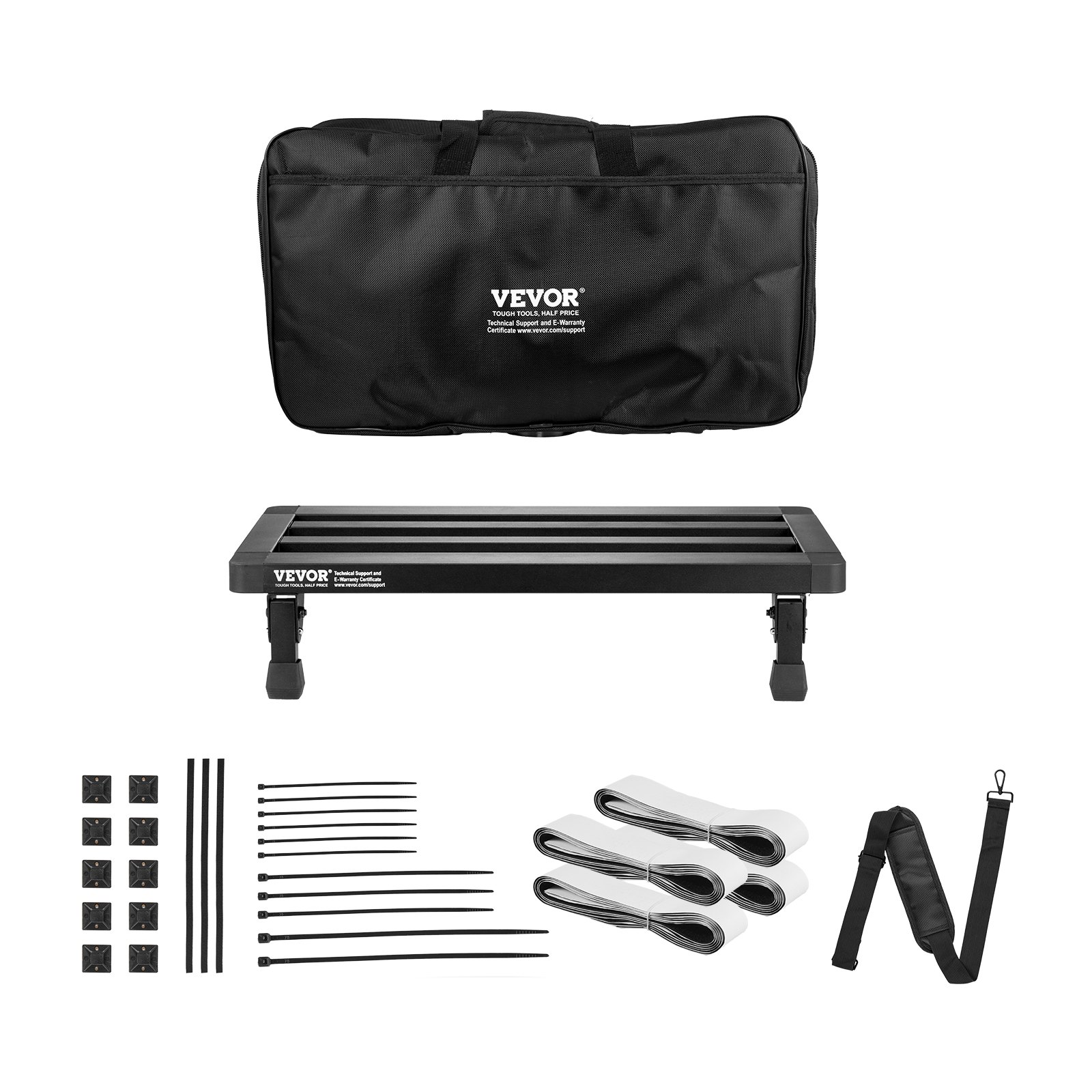 VEVOR guitar pedal board with carry bag, zip ties, adhesive pads, straps, and shoulder strap included.