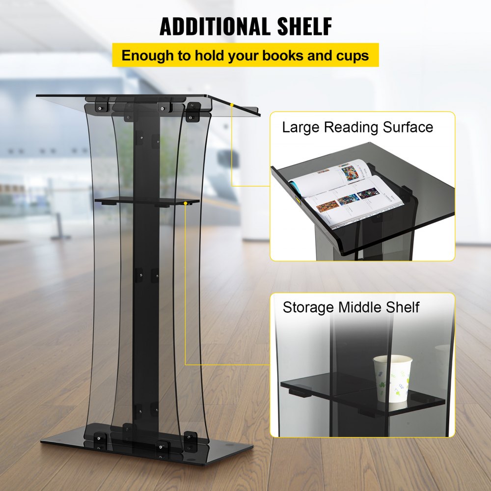 VEVOR acrylic pulpit with additional shelves for books and cups, large reading surface, storage middle shelf.