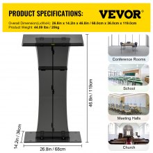 VEVOR Acrylic Pulpit, 47" Tall, Clear Podium Stand w/ Wide Reading Surface & Storage Shelf, Floor-Standing Plexiglass Lectern for Church Office School, Black