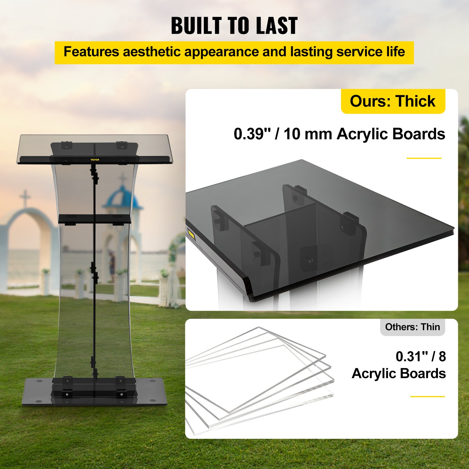 VEVOR acrylic pulpit showcasing thick 10mm acrylic boards compared to thin 8mm boards, built to last.